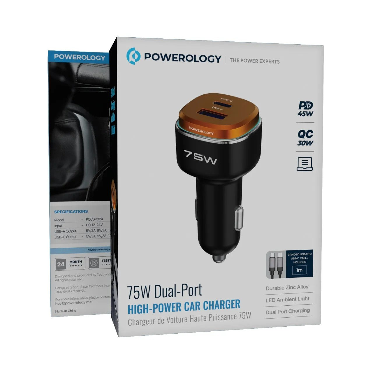 {PCCSR024BKOGC} Powerology 75W USB A+C Port Car Charger With C to C Cable - Black/Orange