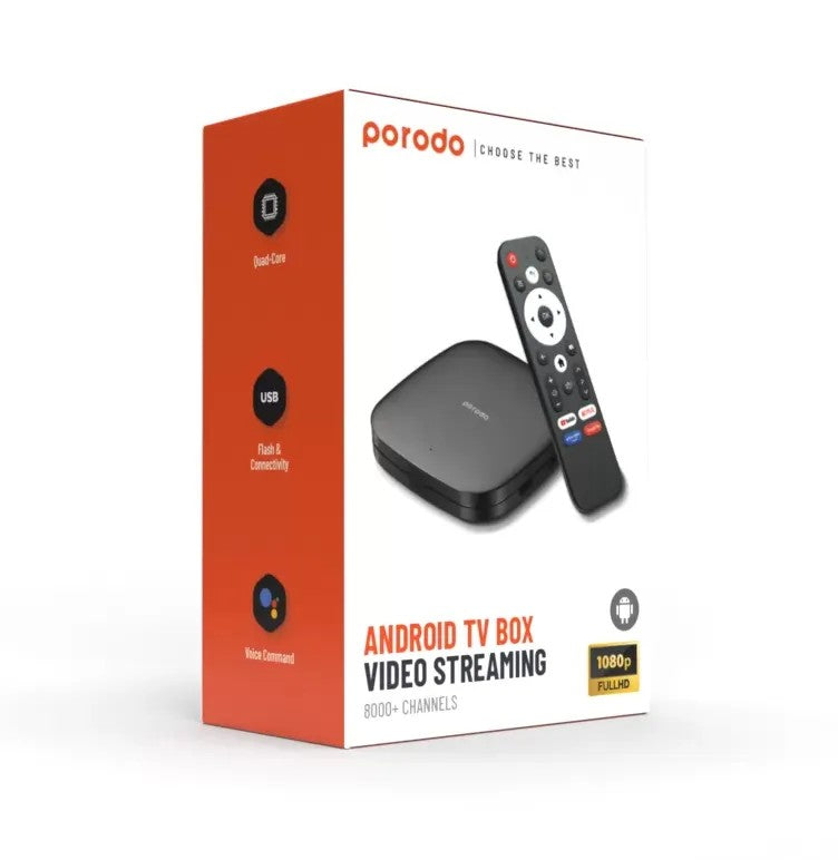 {PD-ANTVB-BK} Porodo Android TV Box 1080P 2GB RAM 8GB ROM Support 4K - Black