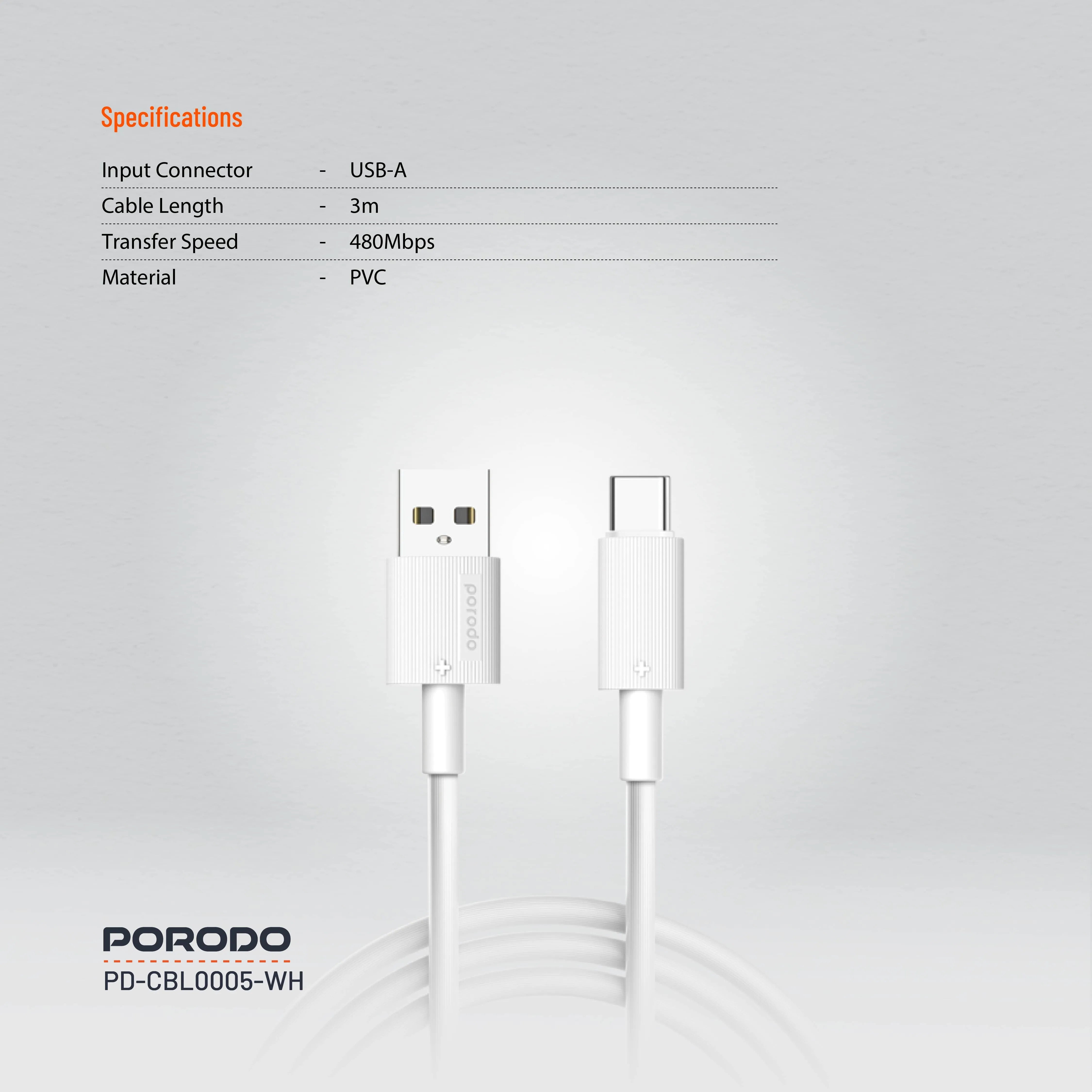 {PD-CBL0005-WH} Porodo USB A to C PVC Cable 3m - White