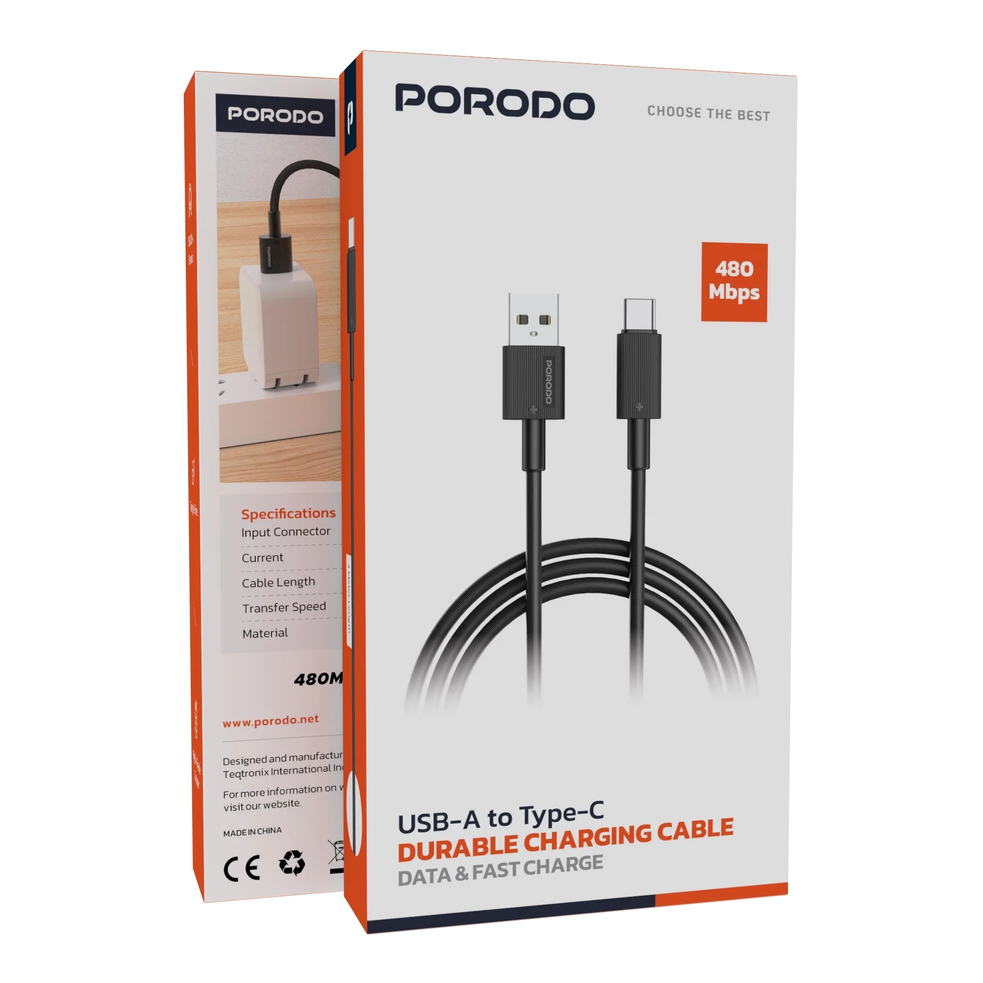 {PD-CBL0005-WH} Porodo USB A to C PVC Cable 3m - White