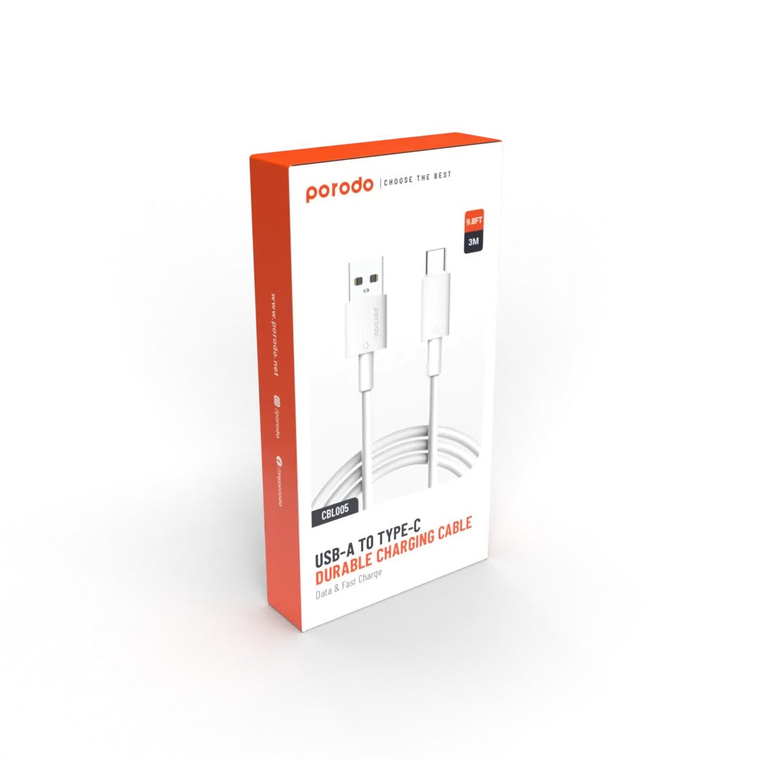 {PD-CBL0005-WH} Porodo USB A to C PVC Cable 3m - White