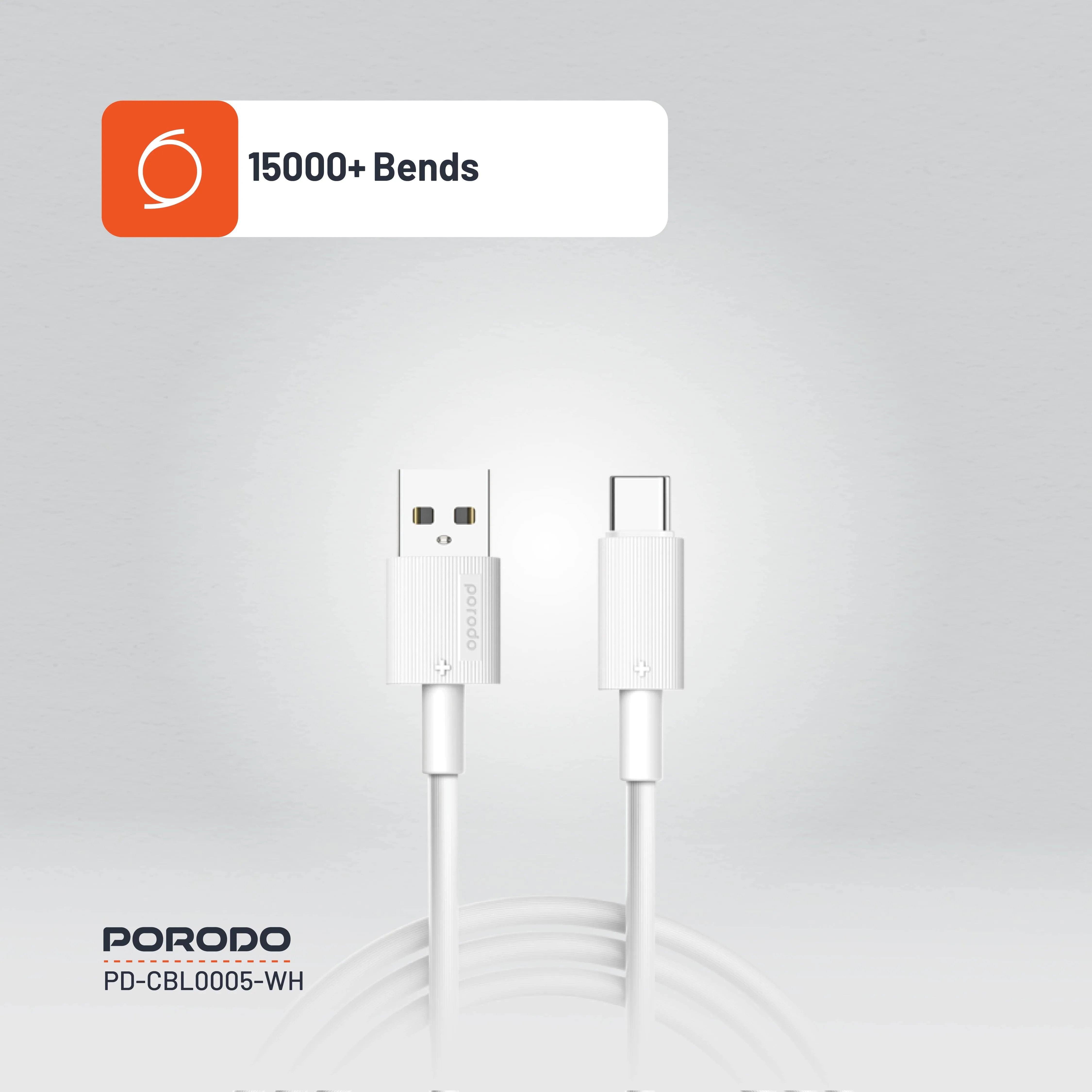 {PD-CBL0005-WH} Porodo USB A to C PVC Cable 3m - White