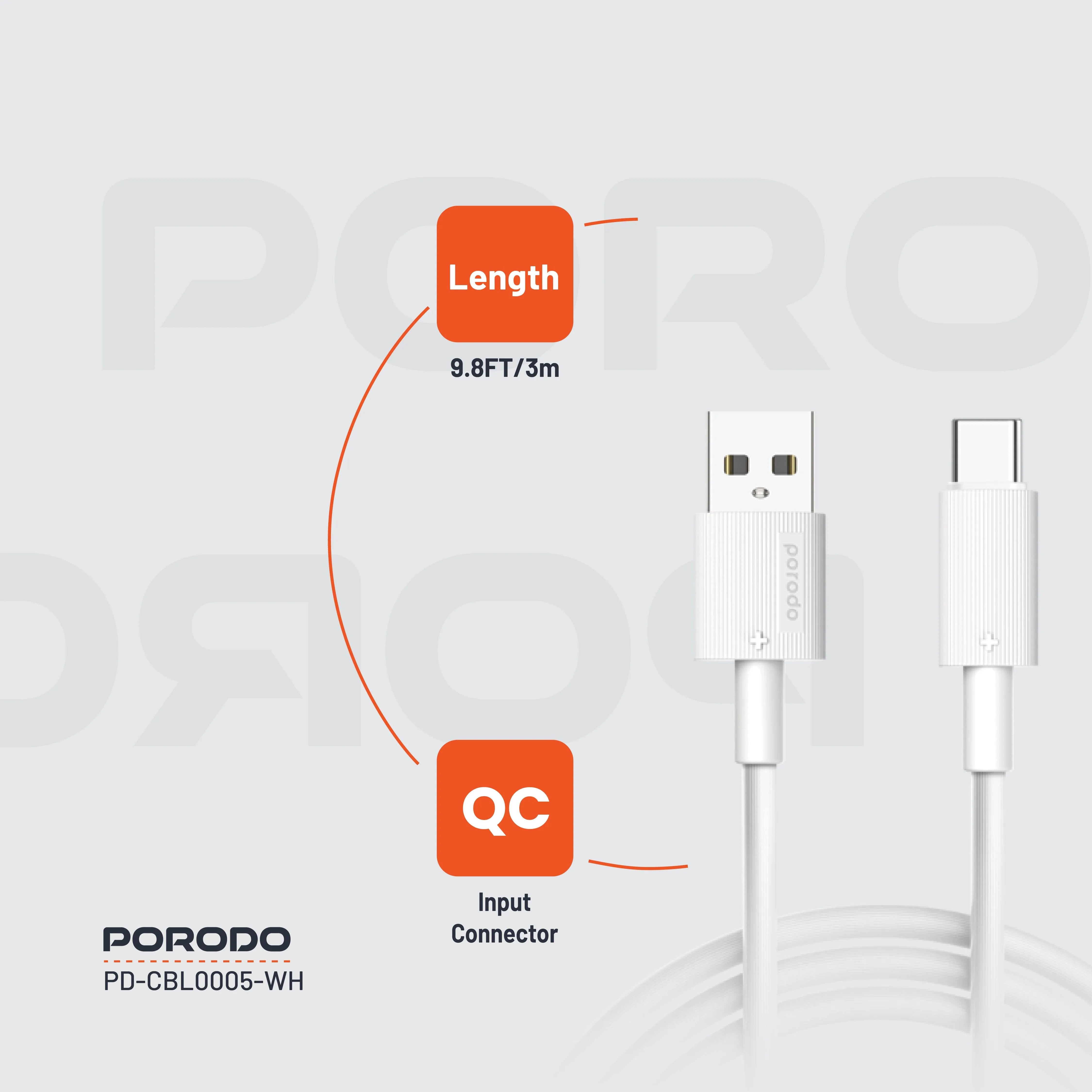 {PD-CBL0005-WH} Porodo USB A to C PVC Cable 3m - White