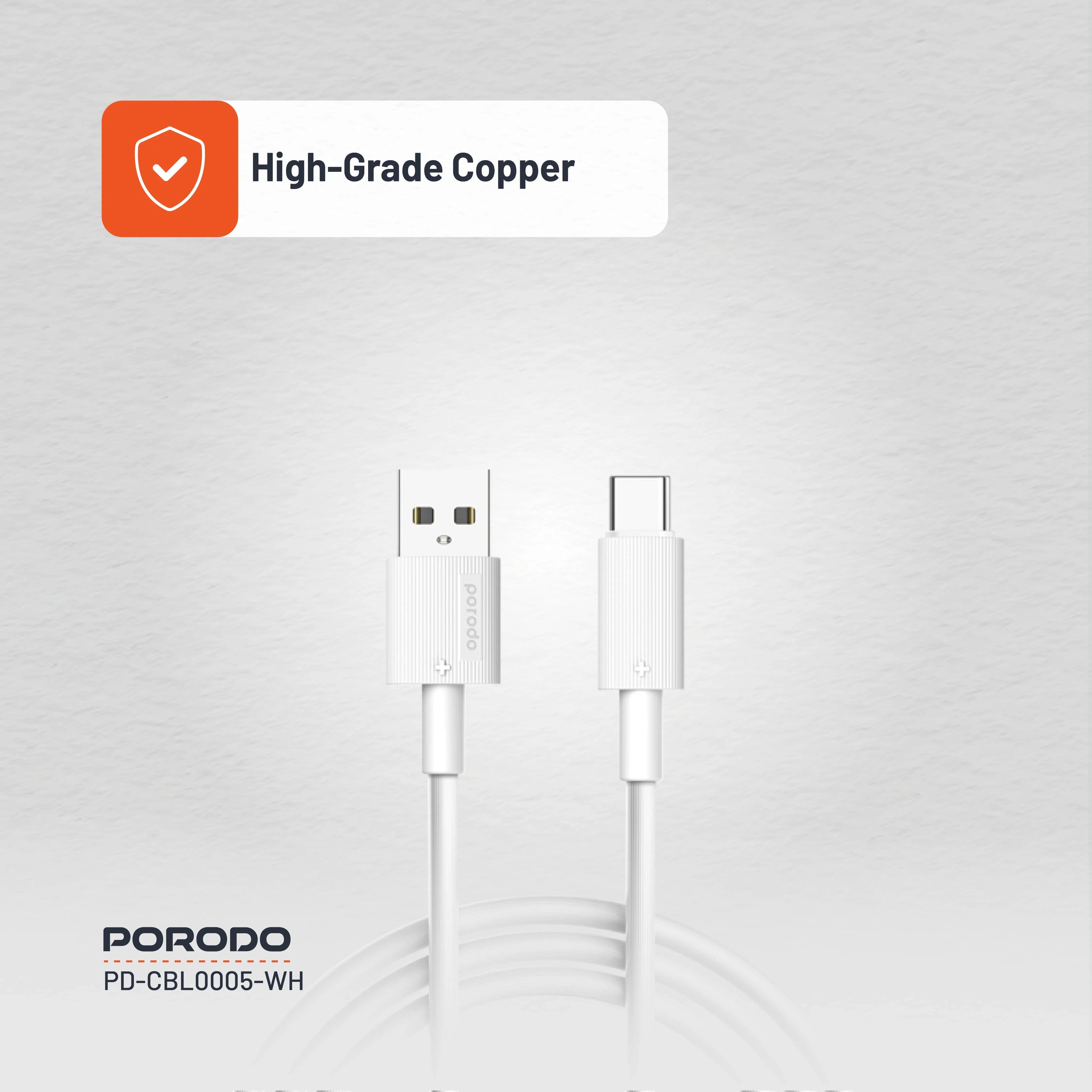 {PD-CBL0005-WH} Porodo USB A to C PVC Cable 3m - White