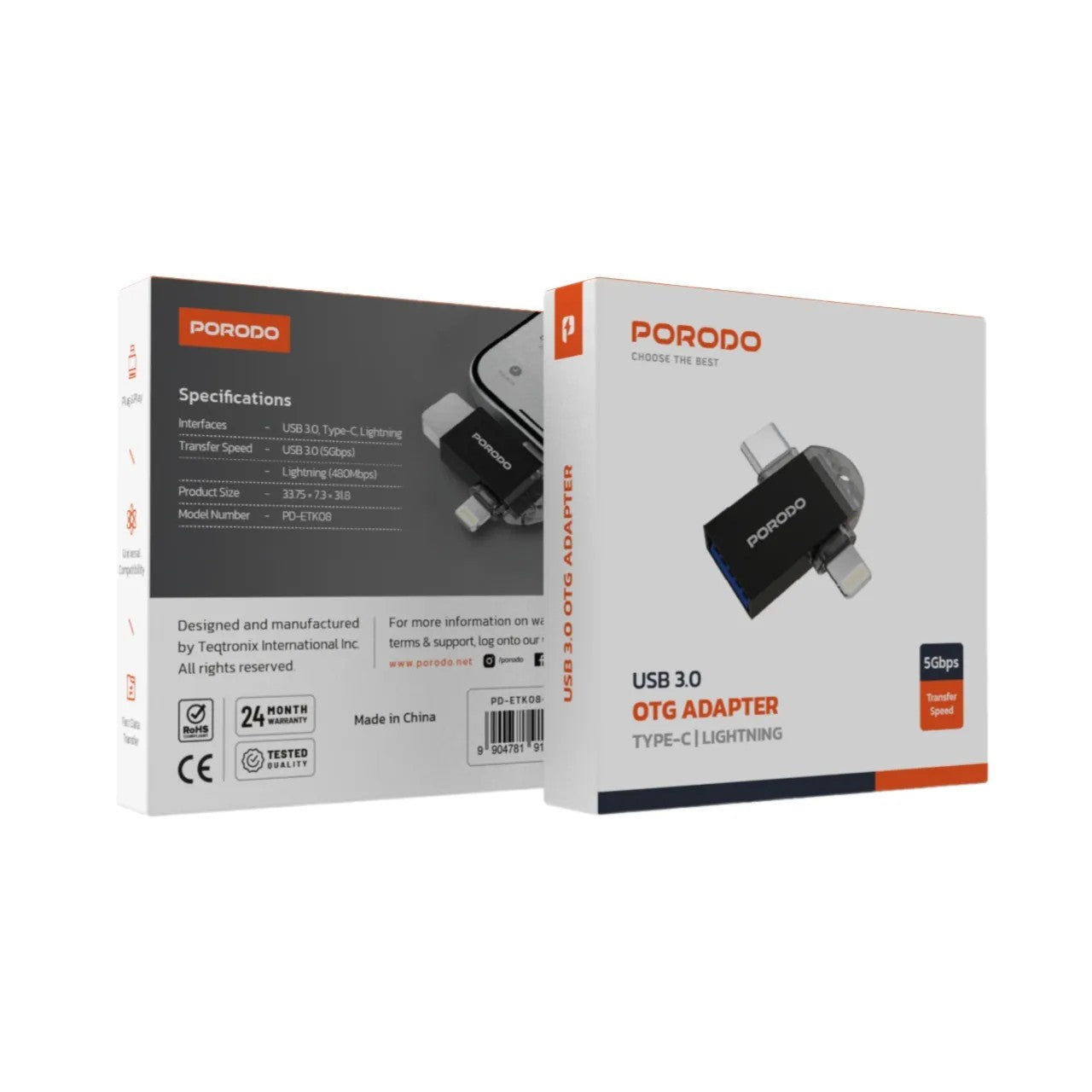 {PD-ETK08-BK} Porodo 3-in-1 Memory Card Reader - Black