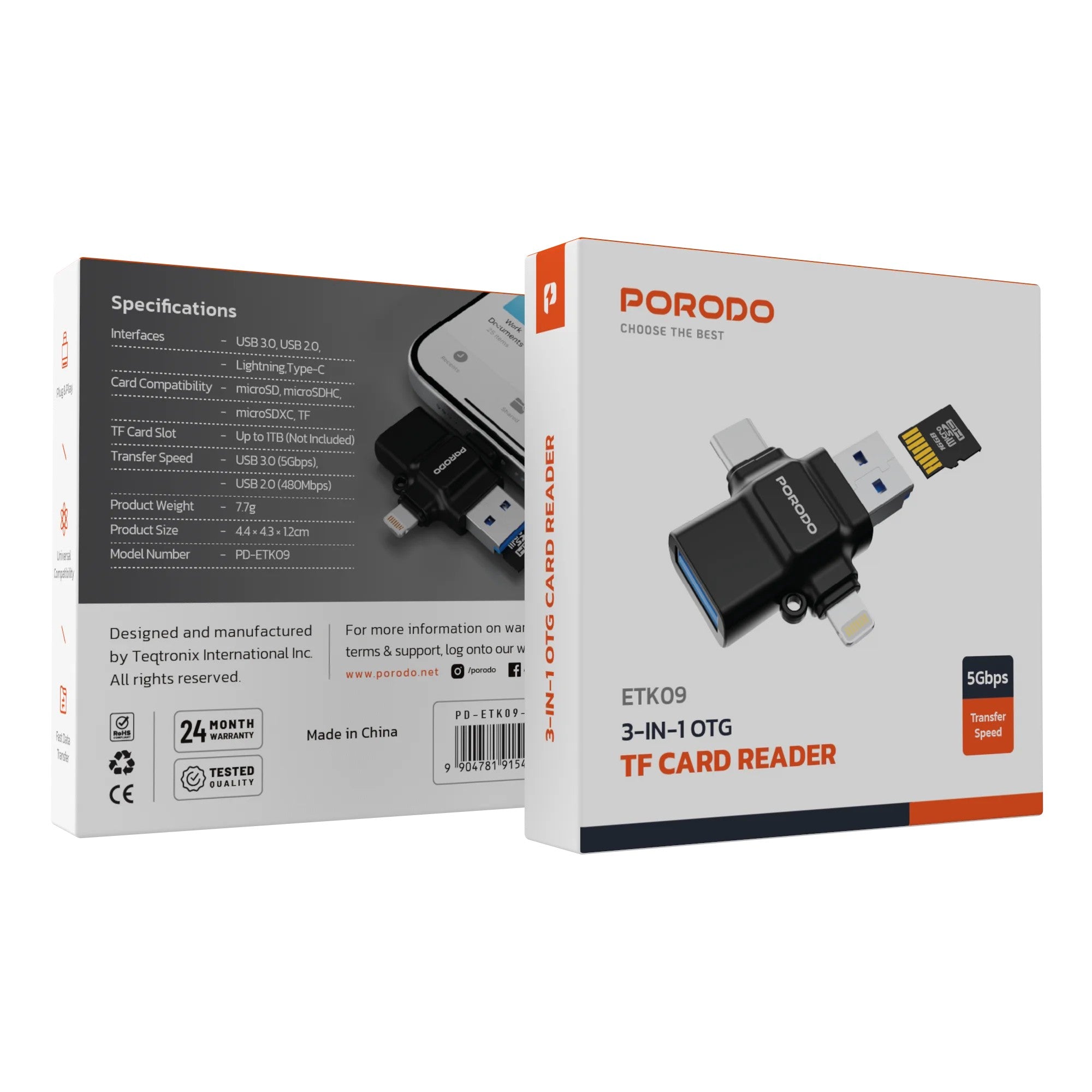 {PD-ETK09-BK} Porodo 4-in-1 Memory Card Reader - Black