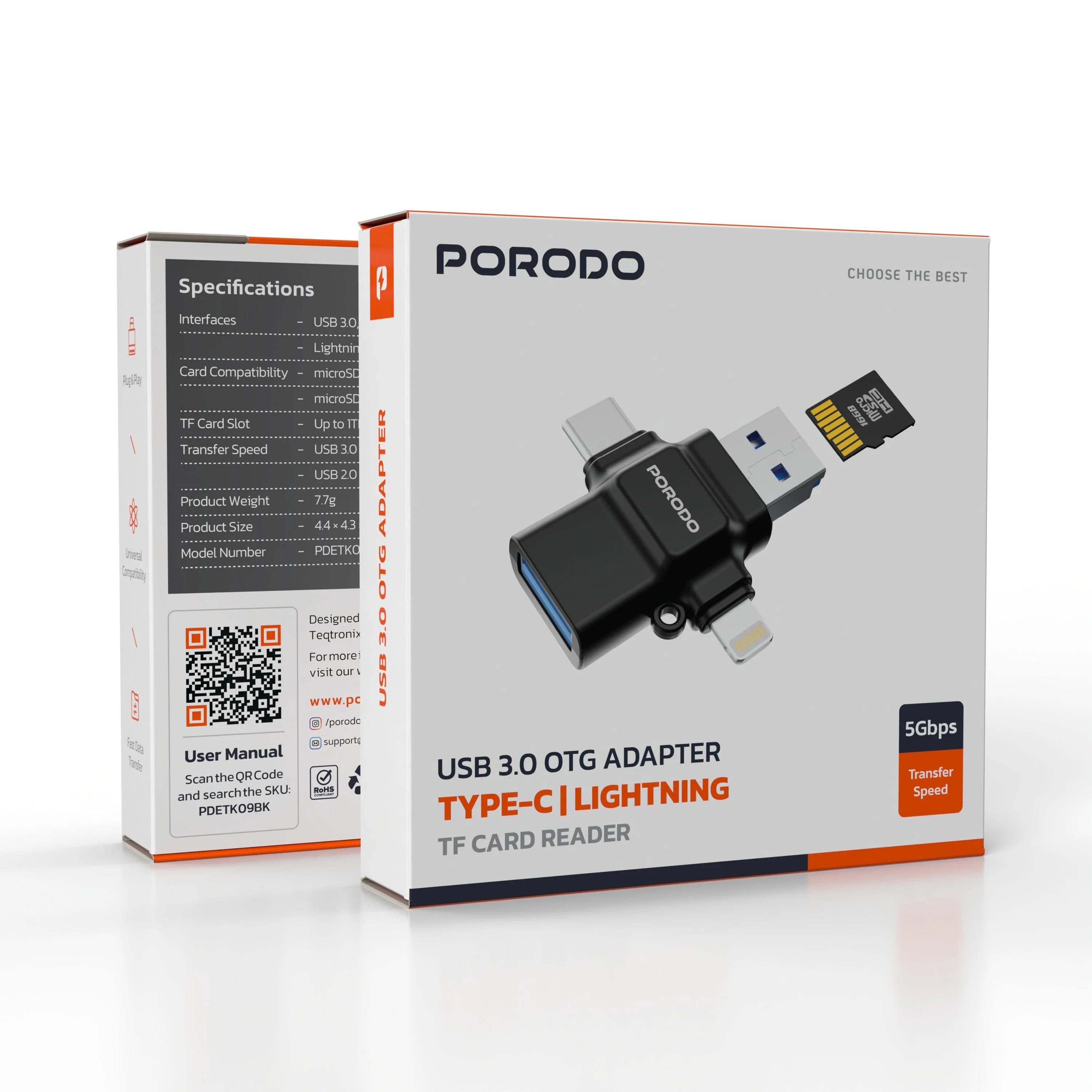 {PD-ETK09-BK} Porodo 4-in-1 Memory Card Reader - Black