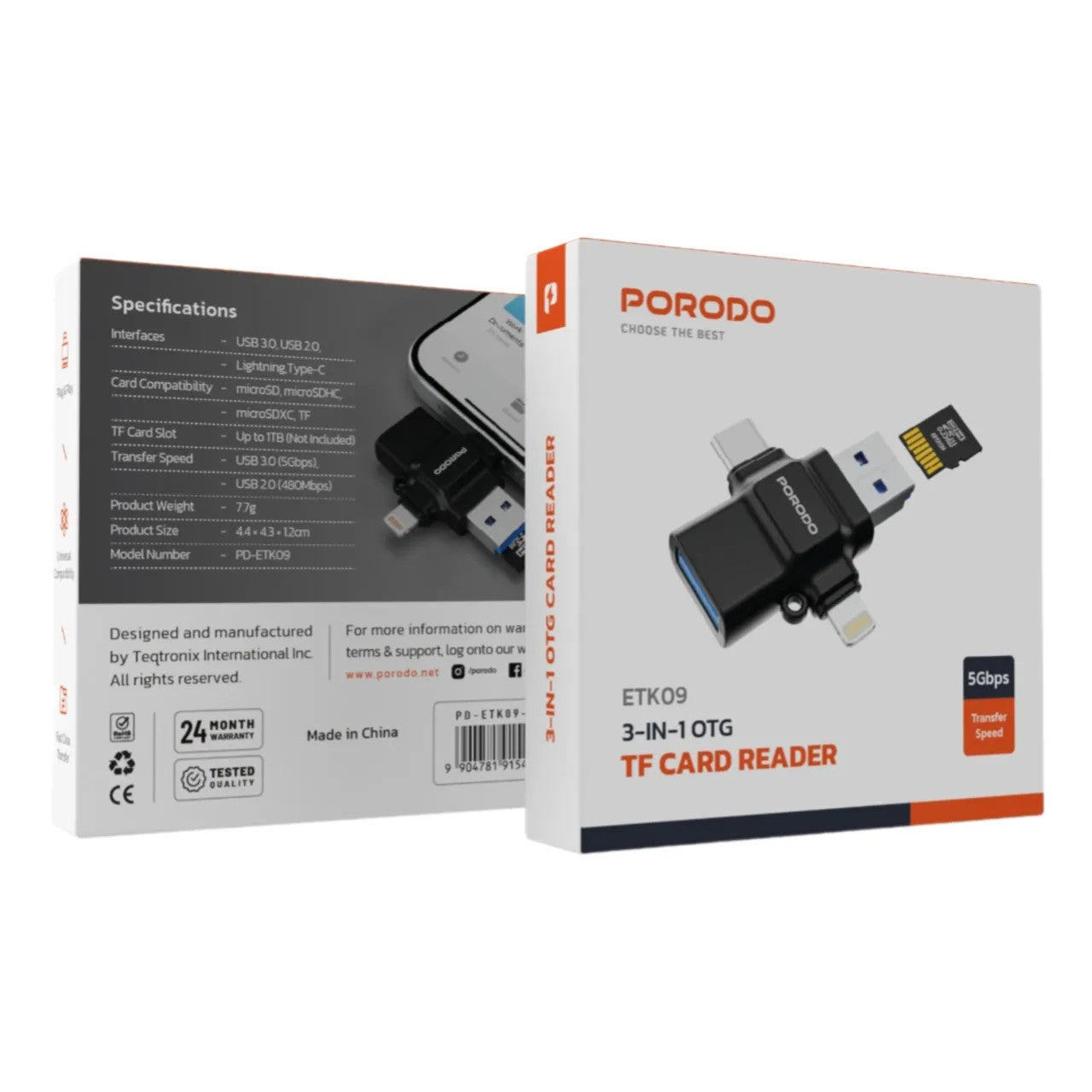 {PD-ETK09-BK} Porodo 4-in-1 Memory Card Reader - Black