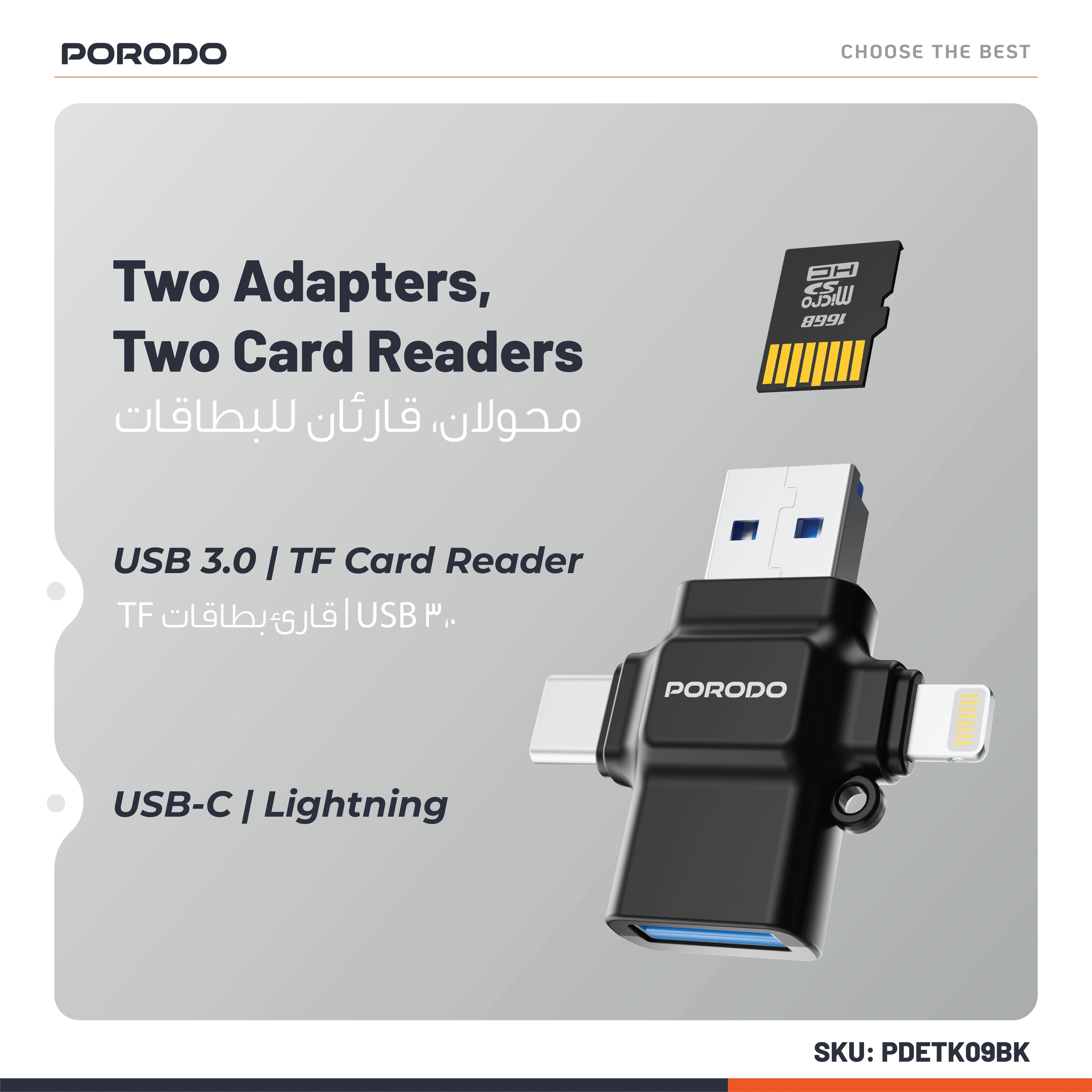 {PD-ETK09-BK} Porodo 4-in-1 Memory Card Reader - Black