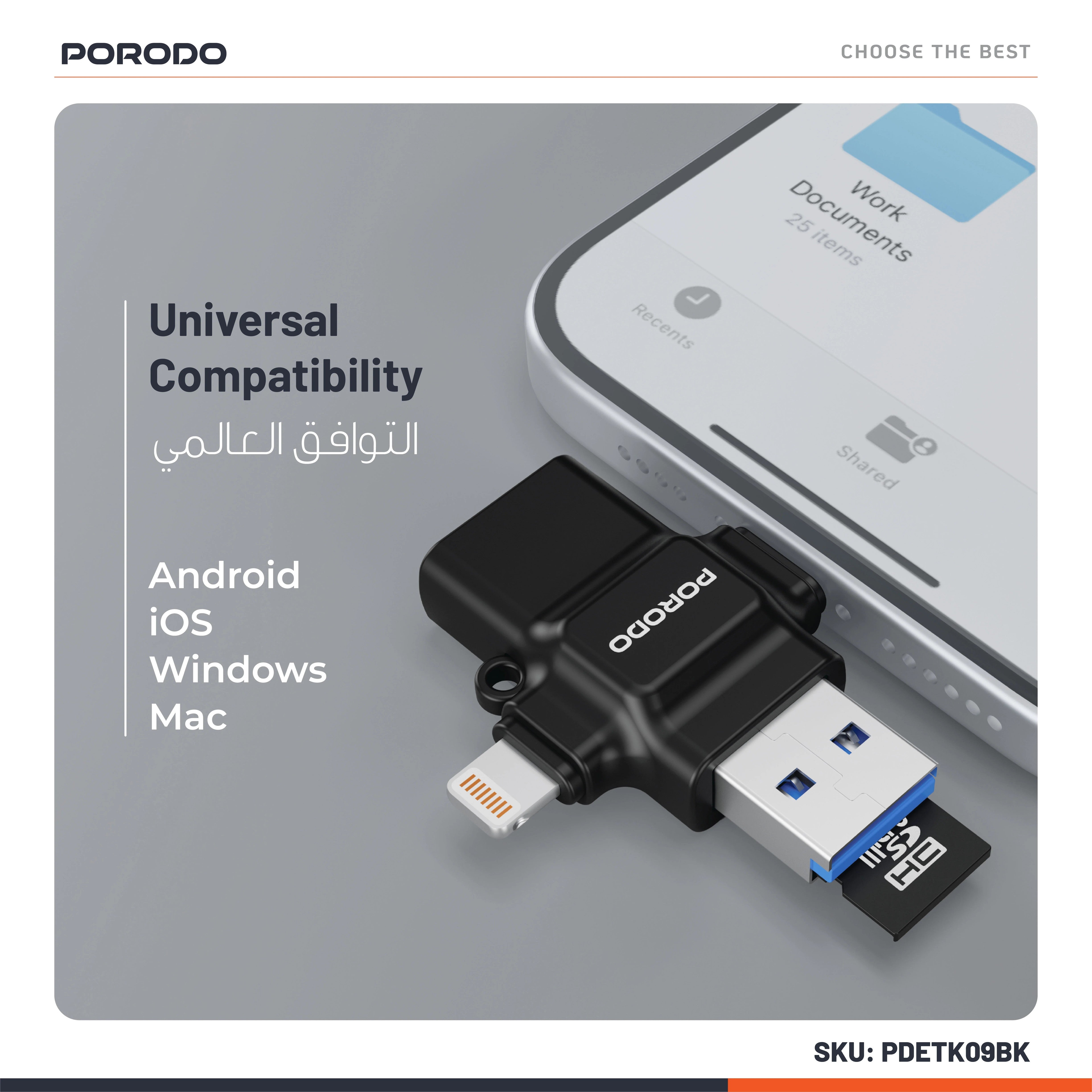 {PD-ETK09-BK} Porodo 4-in-1 Memory Card Reader - Black
