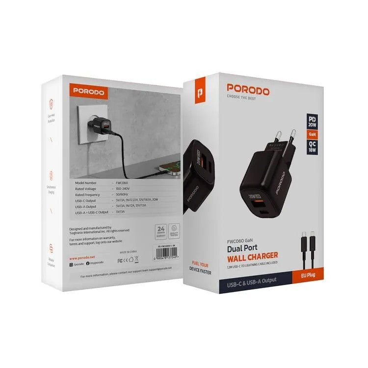 {PD-FWCH060-L-BK} Porodo PD20W +USB EU GaN QC3.0 Fast Charger with Lightning 1.2m Cable - Black