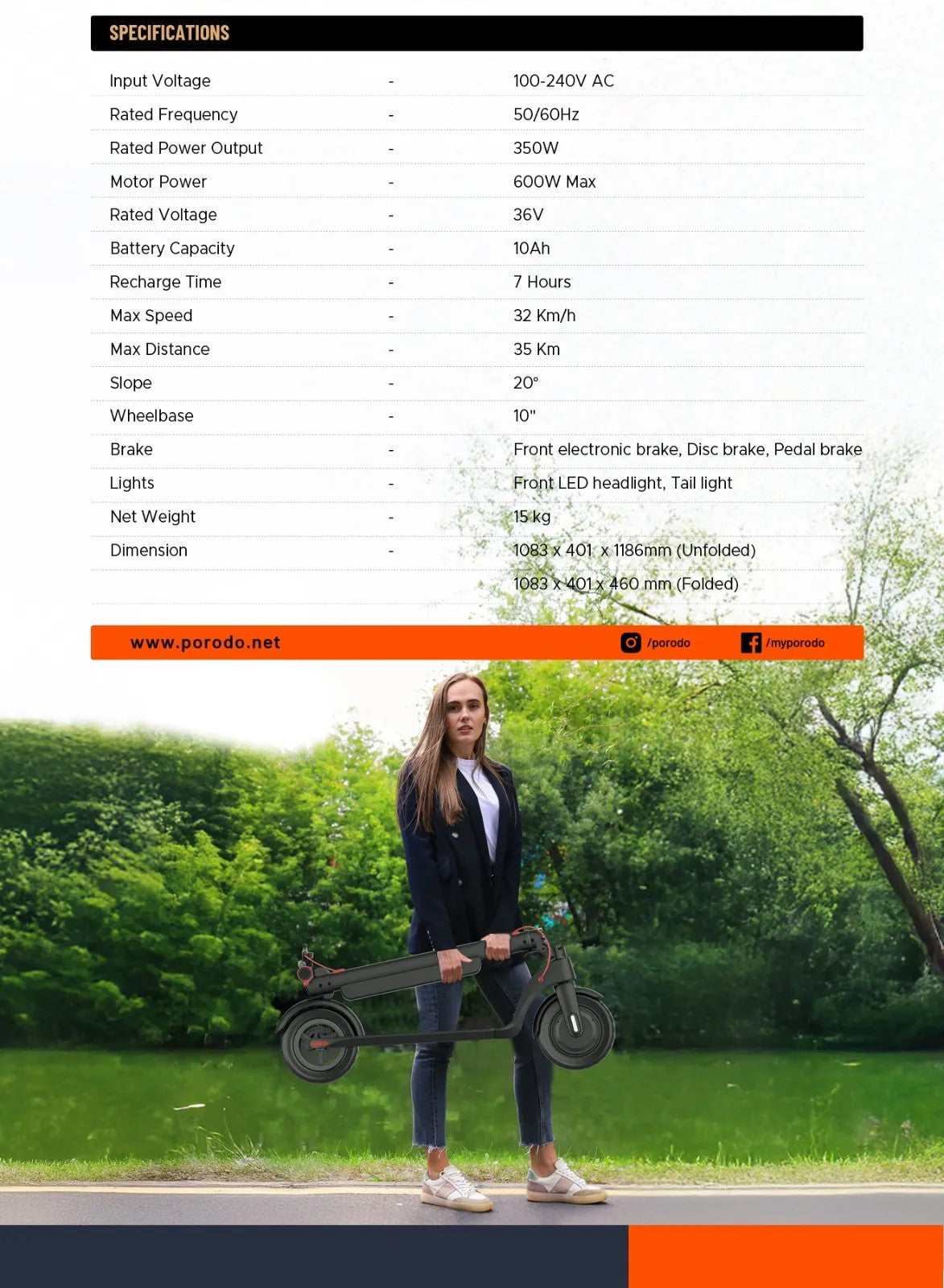 {PD-LFST009-BK} Porodo 350W Electric Scooter 36V/10AH 35KM- Black