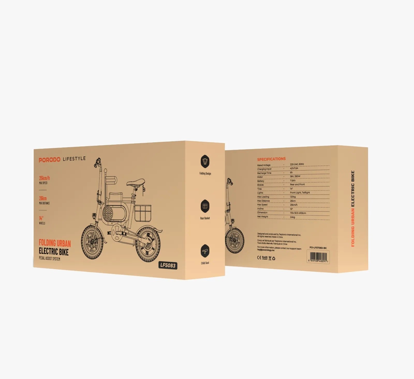 {PD-LFST083-BK} Porodo Lifestyle 350W Electric Bike Foldable with Baby Seat - Black