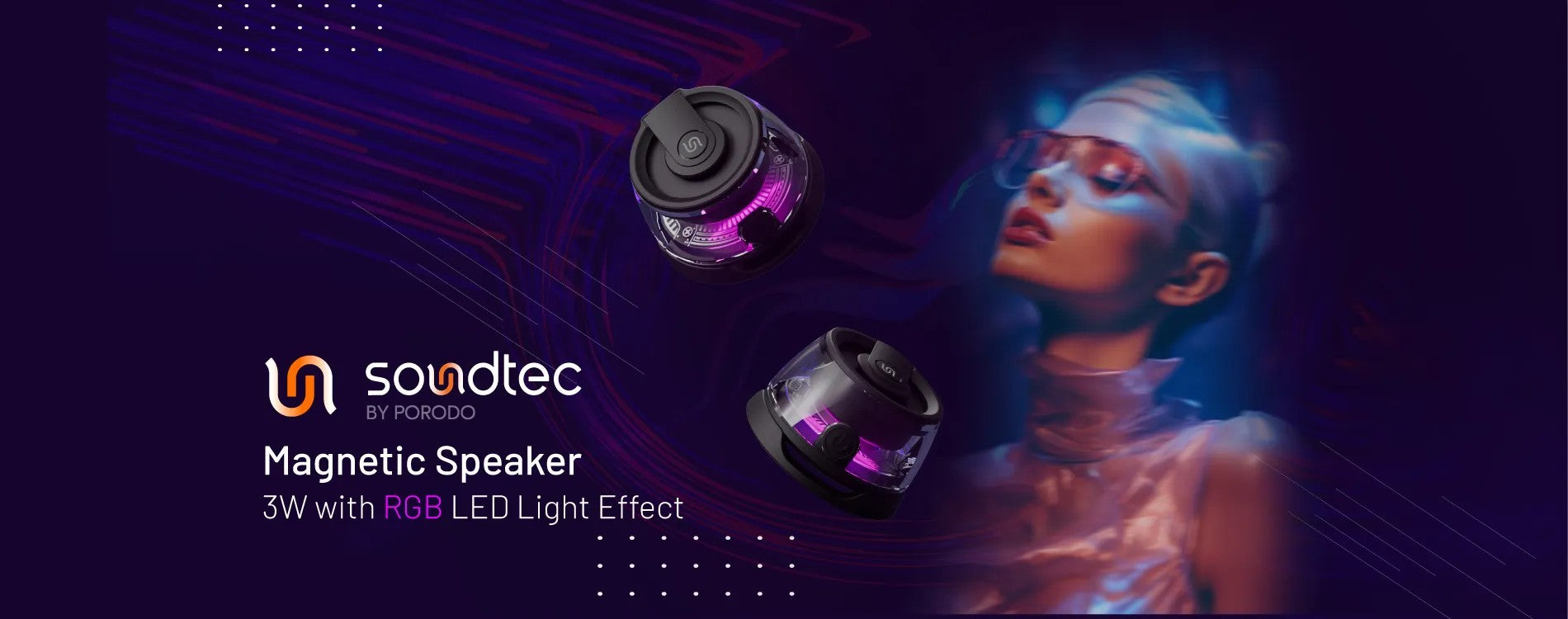 {PD-STMS3W-BK} Porodo Soundtec Charme Magnetic Speaker 3W with RGB LED Light Effect - Black