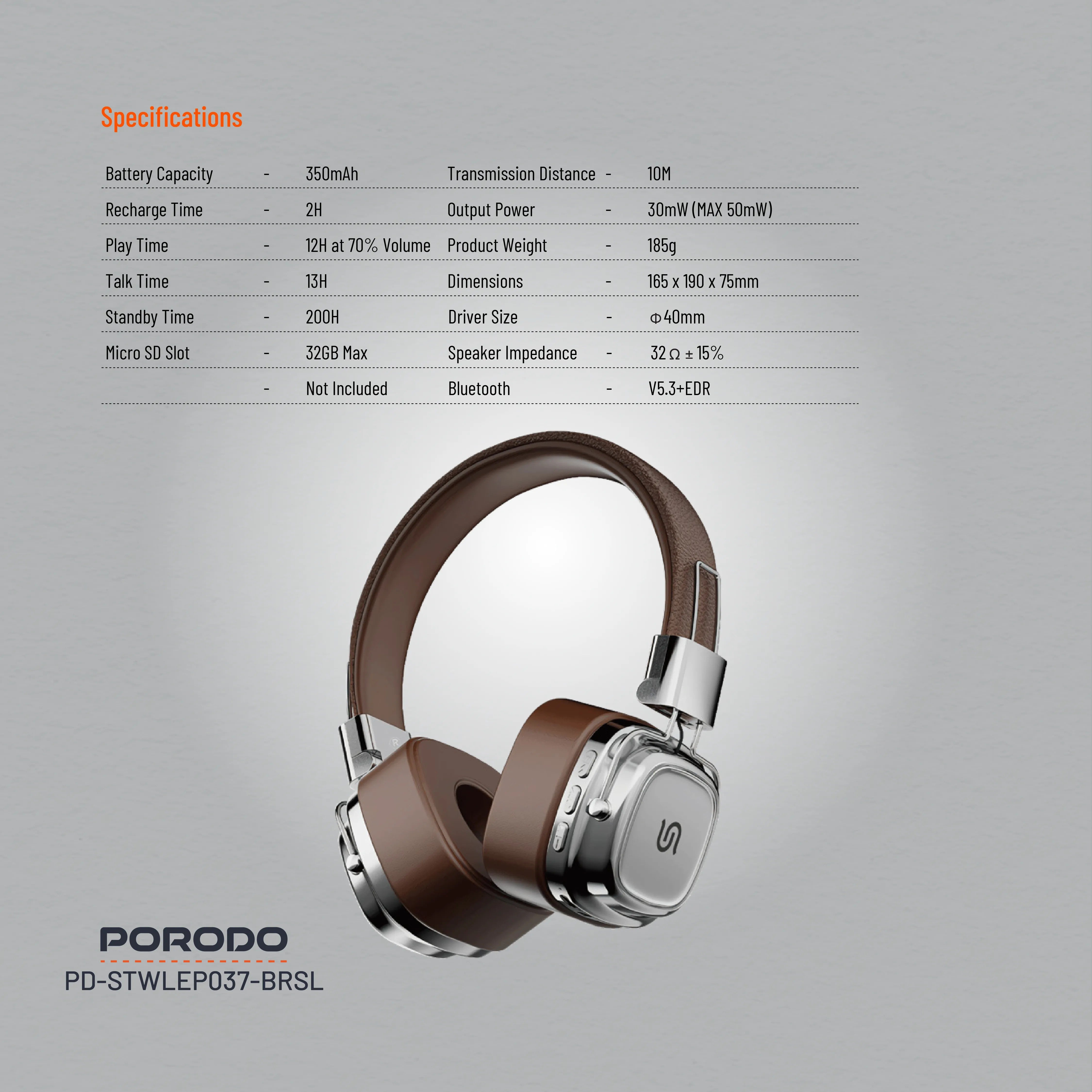 {PD-STWLEP037-BRSL} Porodo Soundtec Vintage Headphone - Brwon/Silver