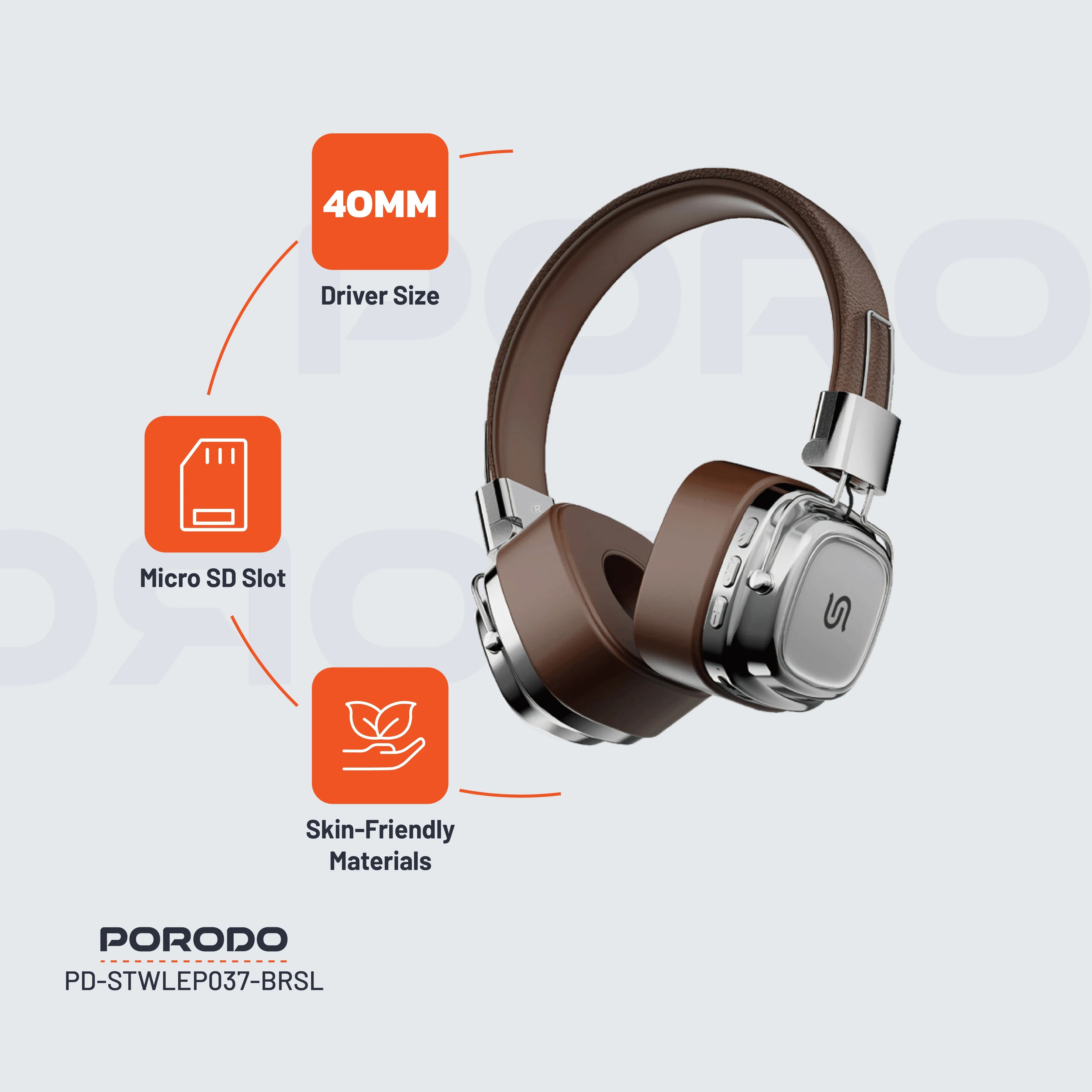 {PD-STWLEP037-BRSL} Porodo Soundtec Vintage Headphone - Brwon/Silver