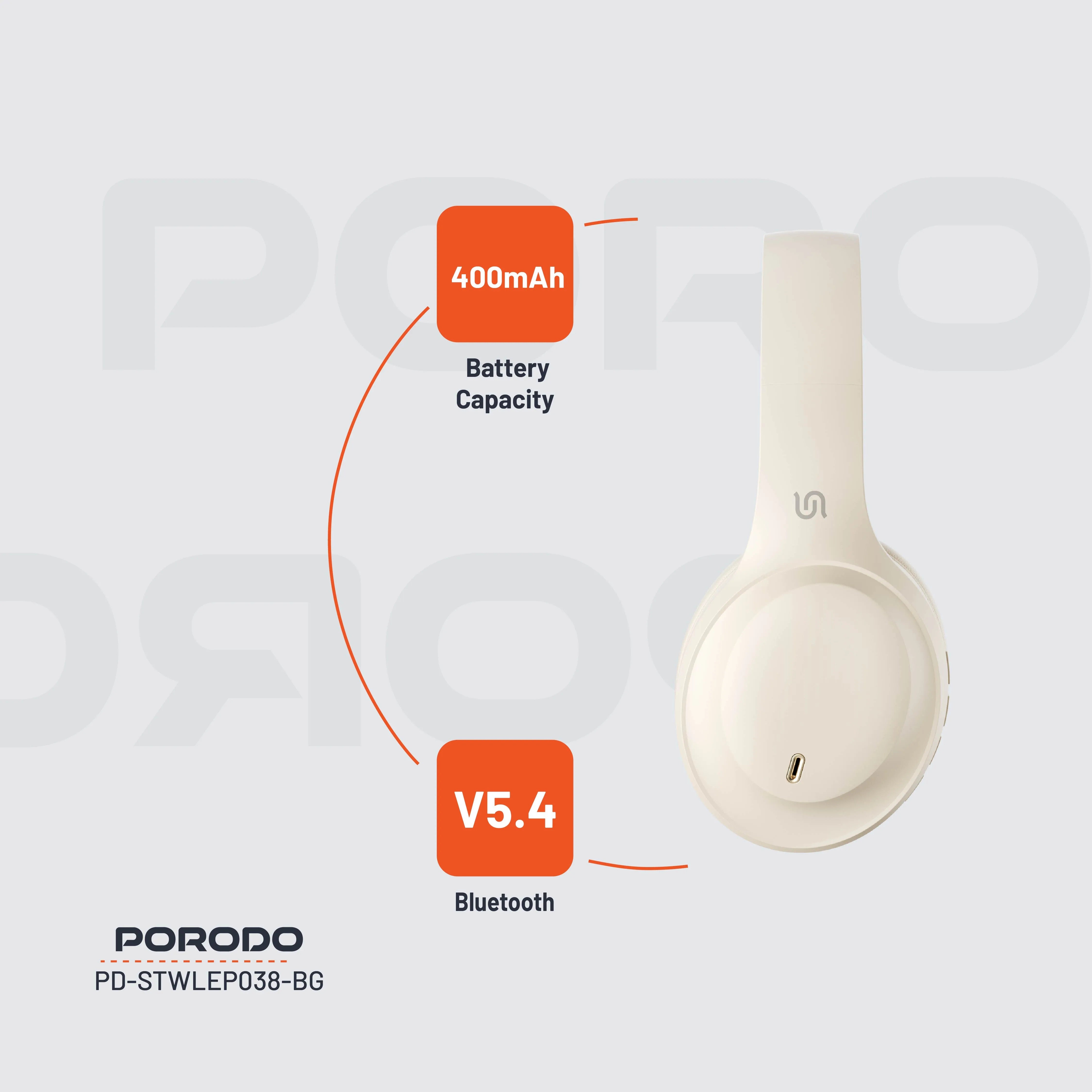{PD-STWLEP038-BG} Porodo Soundtec Wireless Headphones - Beige