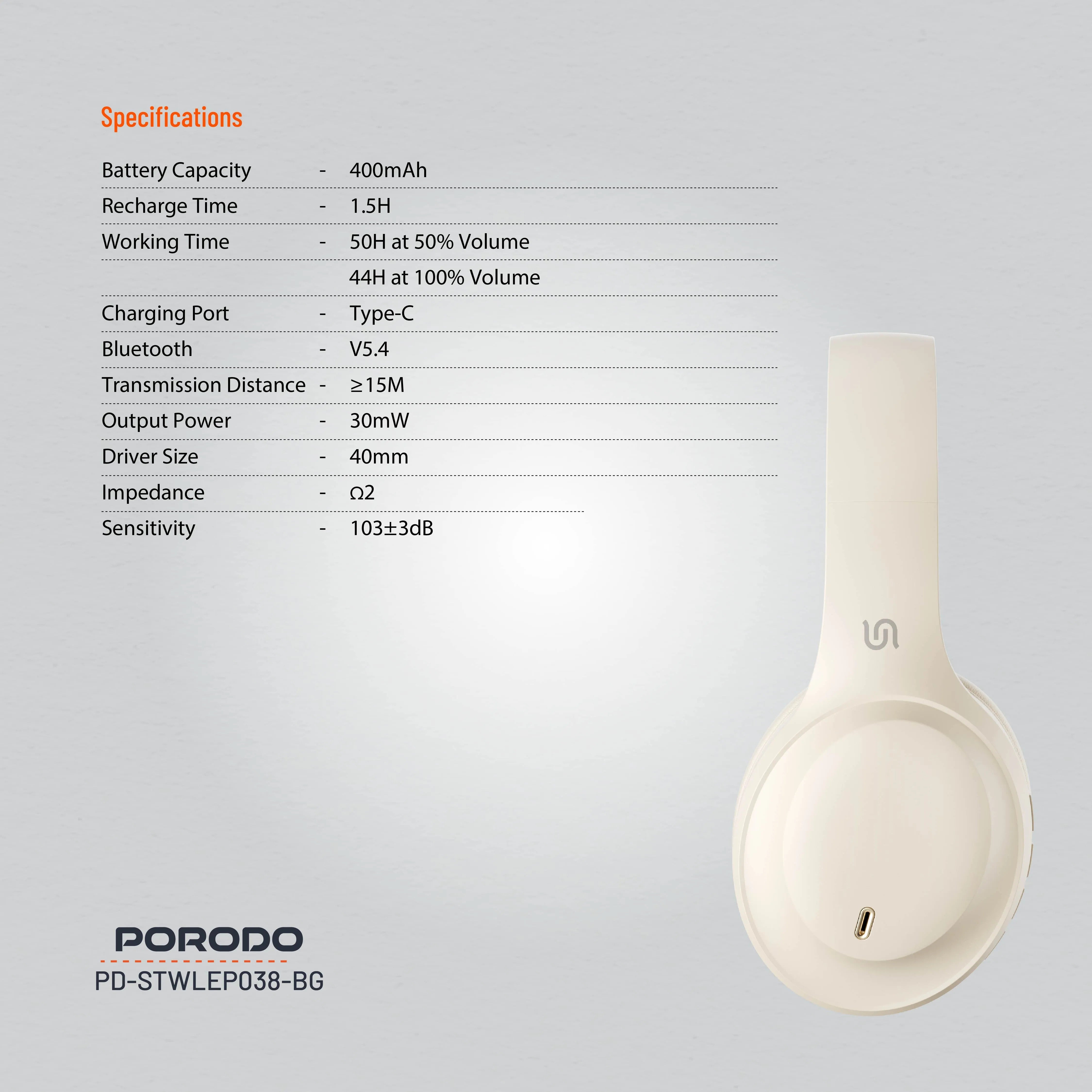 {PD-STWLEP038-BG} Porodo Soundtec Wireless Headphones - Beige