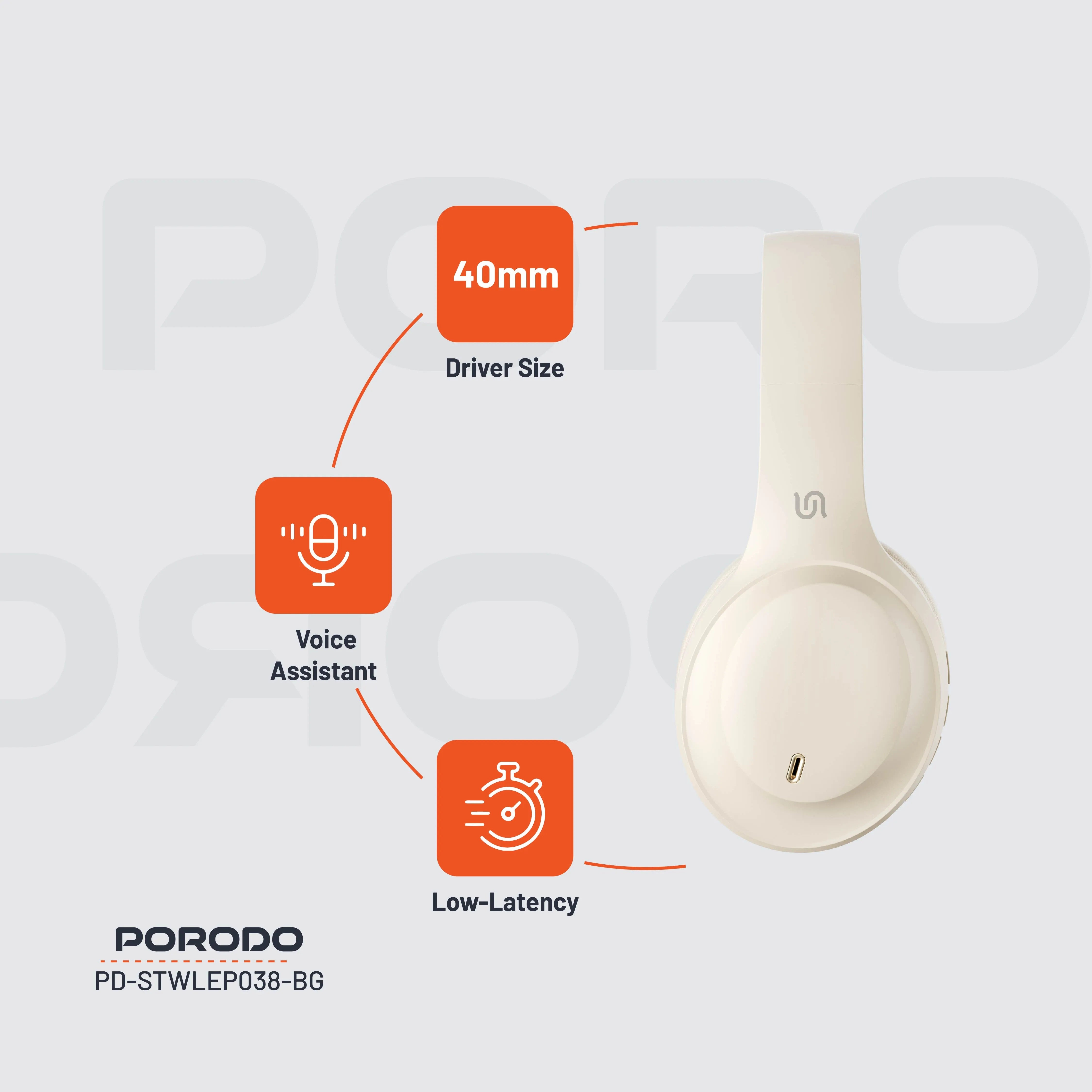 {PD-STWLEP038-BG} Porodo Soundtec Wireless Headphones - Beige