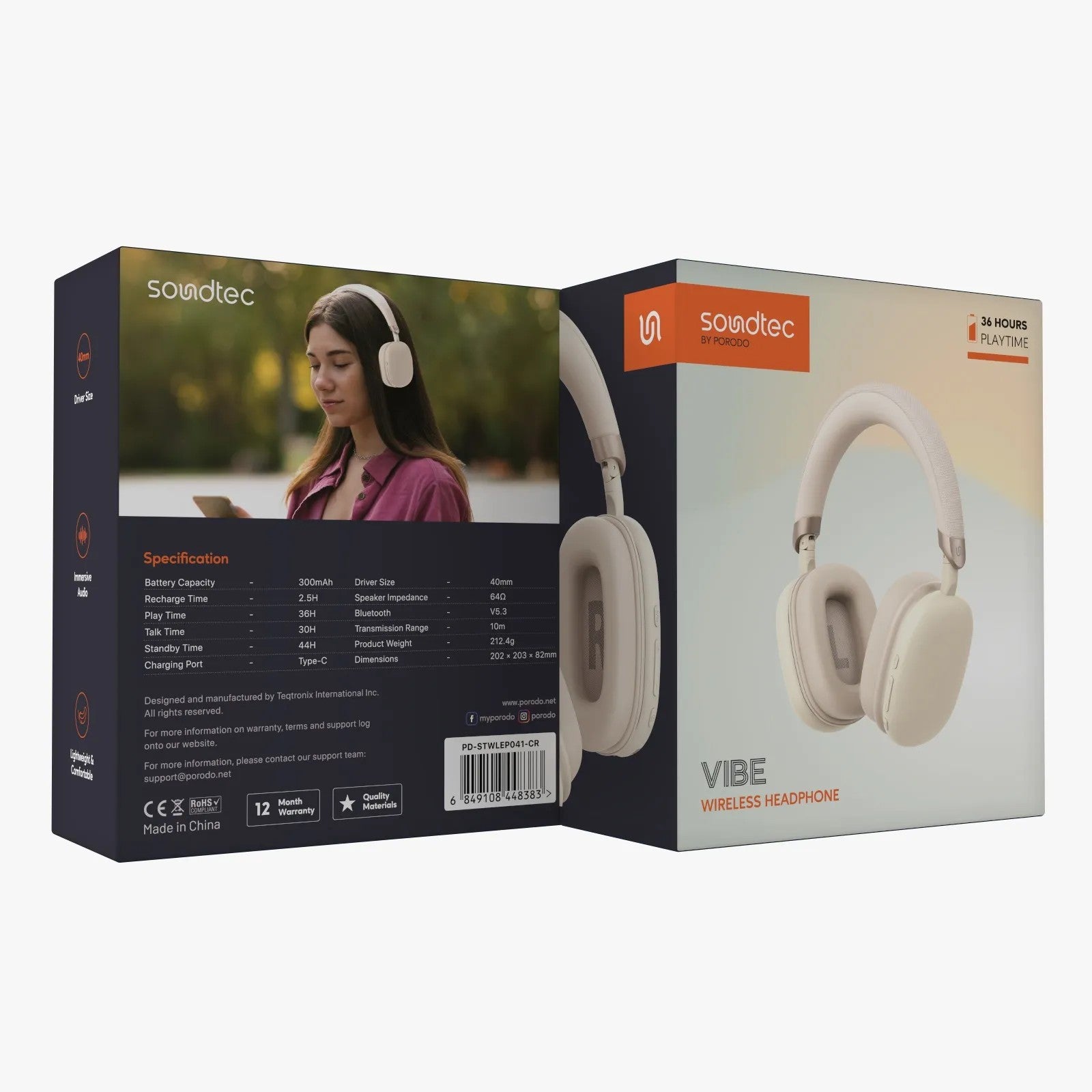 {PD-STWLEP041-CR} Porodo Soundtec Wireless Bluetooth Headphone Adjustable 360° Foldable 300mAh - Cre
