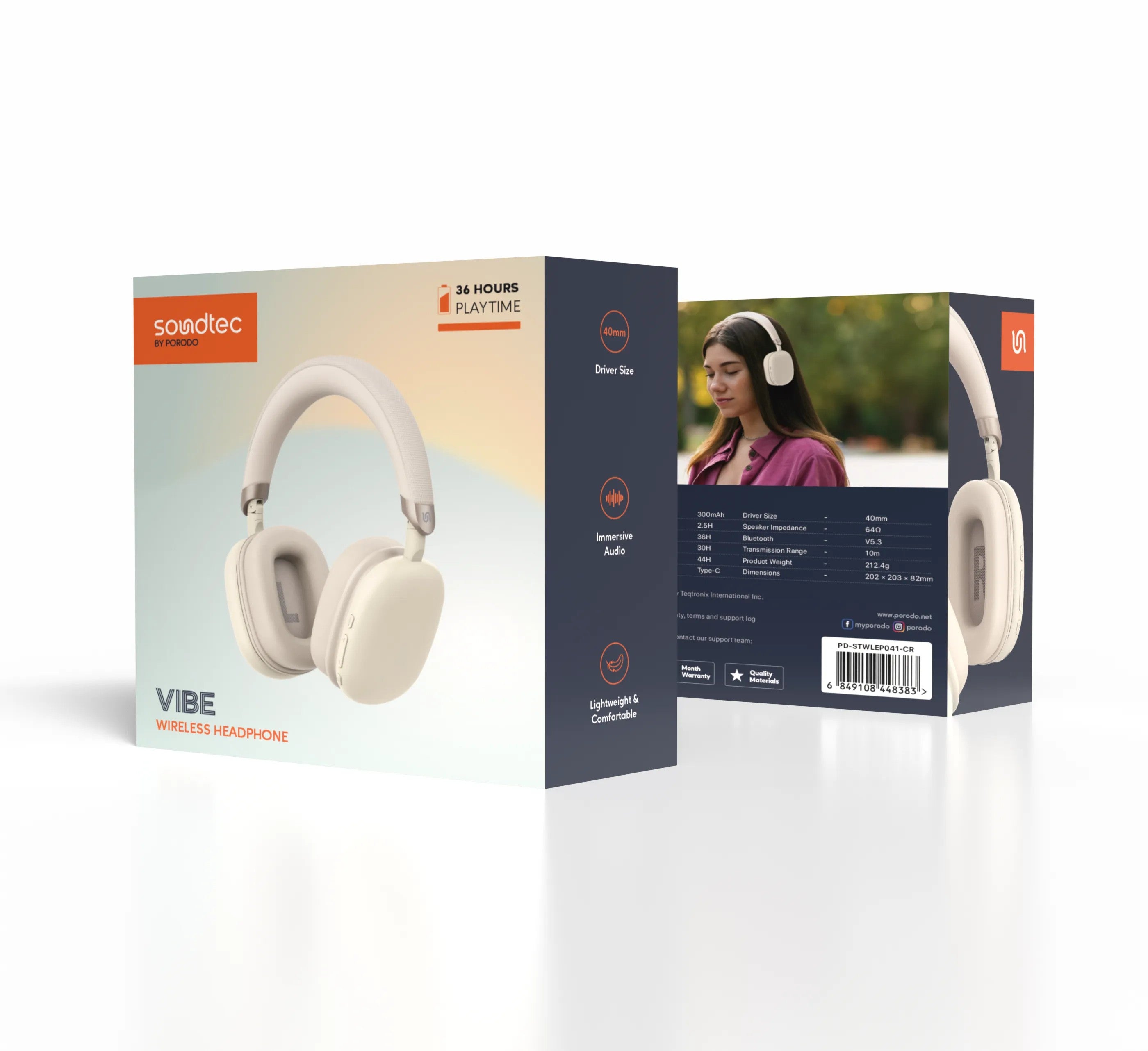 {PD-STWLEP041-CR} Porodo Soundtec Wireless Bluetooth Headphone Adjustable 360° Foldable 300mAh - Cre