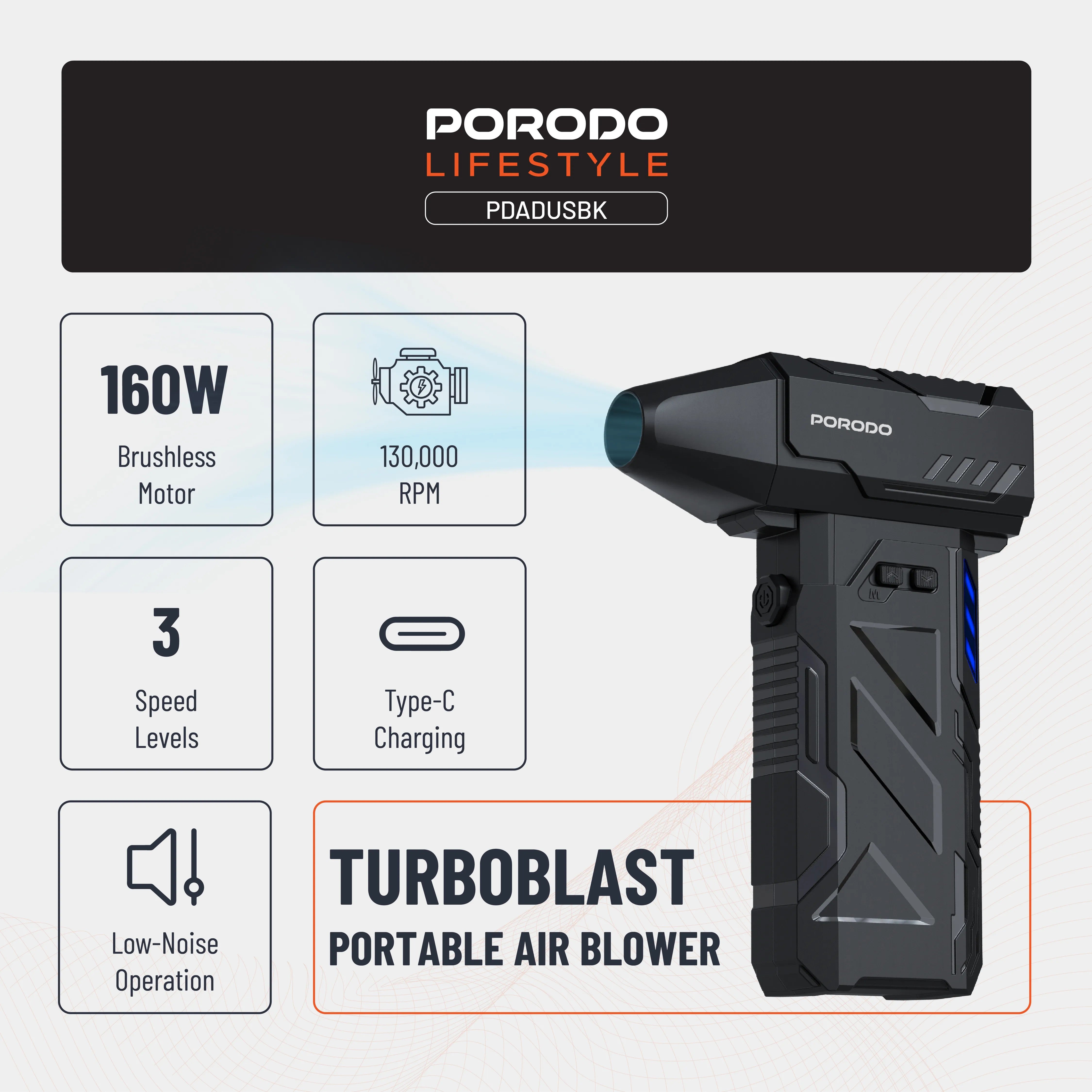 {PDADUSBK} Porodo Portable Air Blower Turboblast - Black