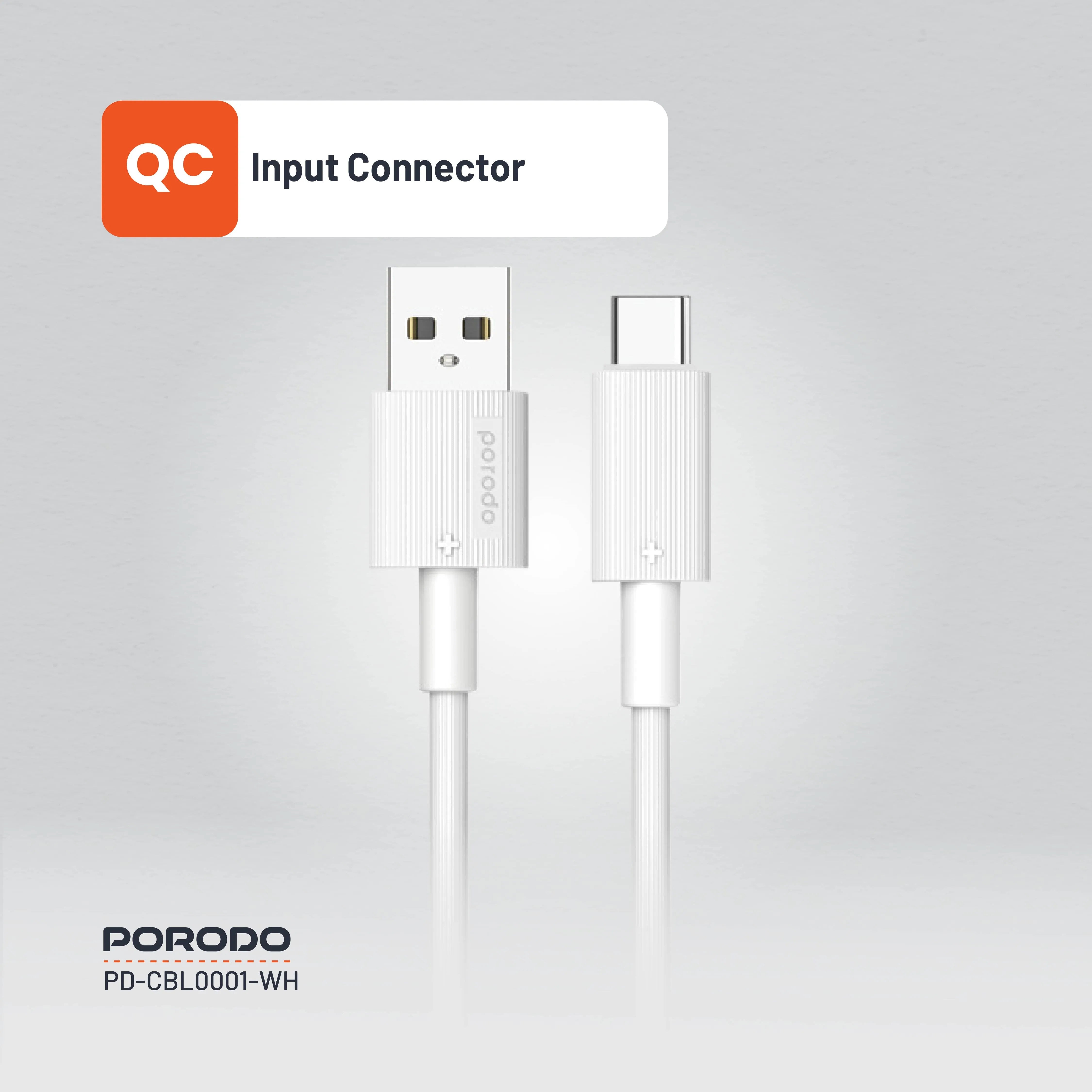 {PDCBL0001WH} Porodo USB A to C PVC Cable 1.2m - White