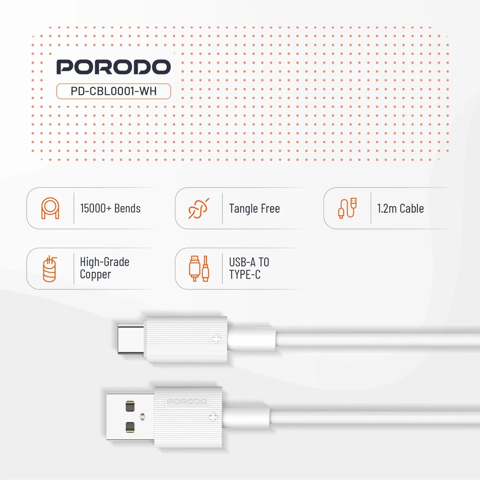 {PDCBL0001WH} Porodo USB A to C PVC Cable 1.2m - White