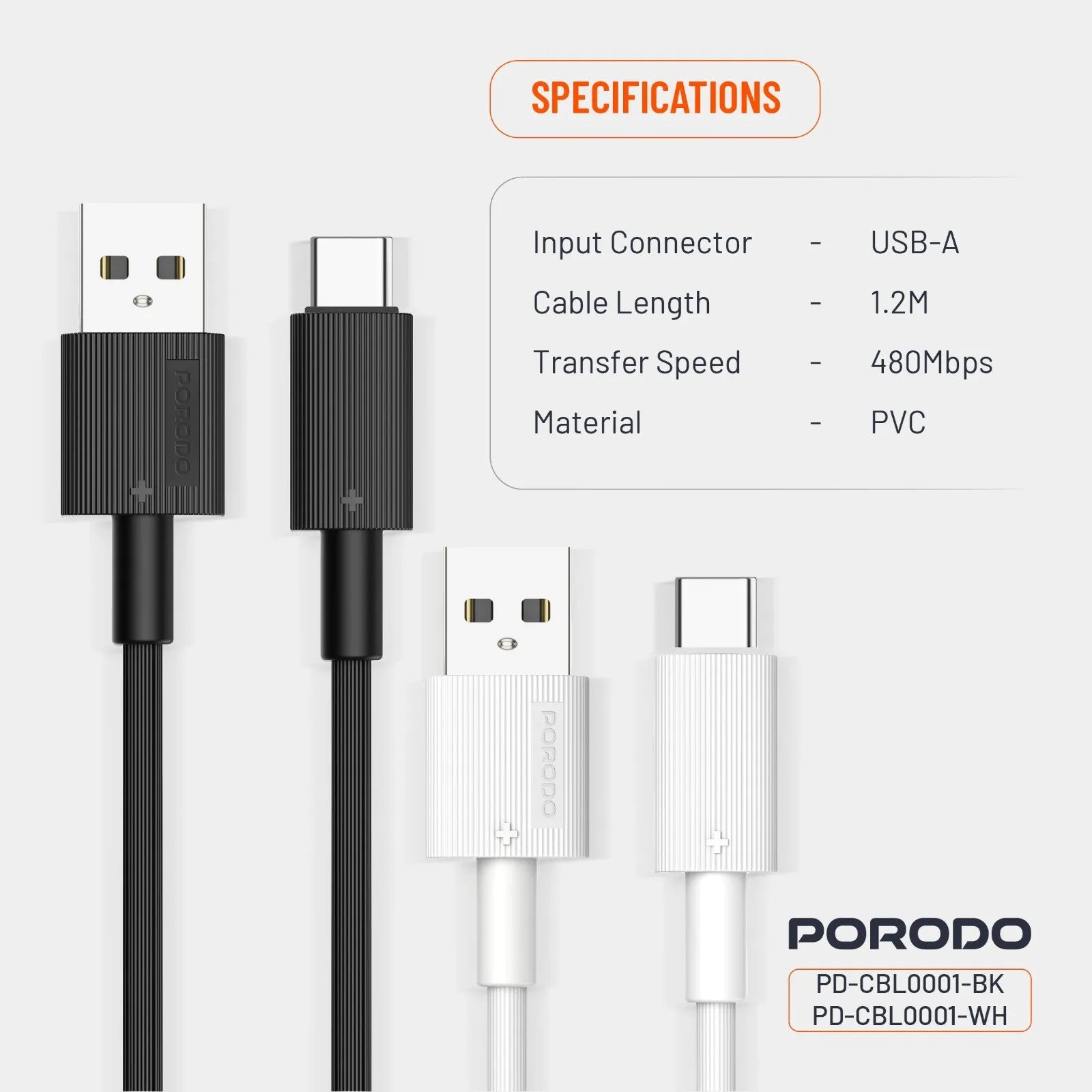{PDCBL0001WH} Porodo USB A to C PVC Cable 1.2m - White
