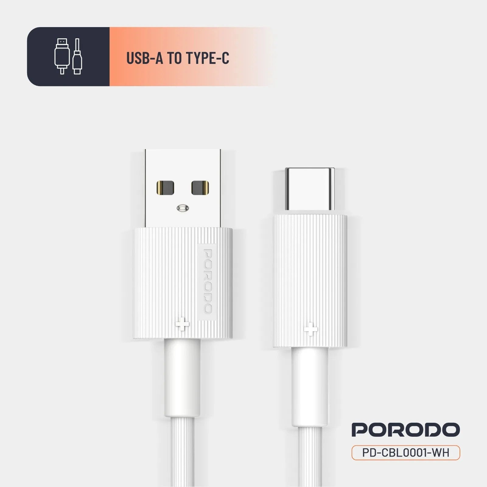 {PDCBL0001WH} Porodo USB A to C PVC Cable 1.2m - White
