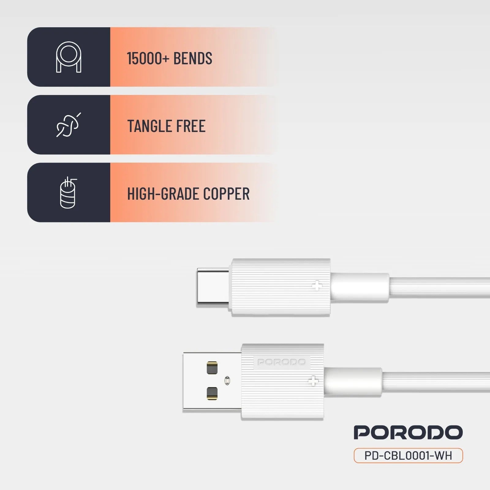 {PDCBL0001WH} Porodo USB A to C PVC Cable 1.2m - White