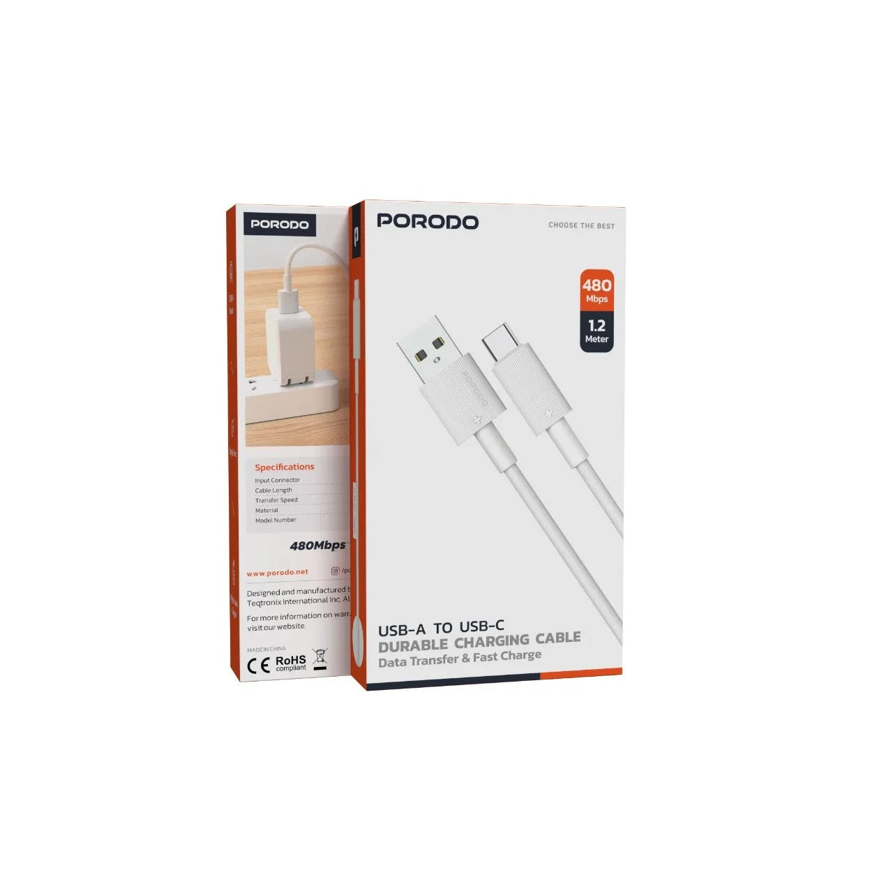 {PDCBL0001WH} Porodo USB A to C PVC Cable 1.2m - White