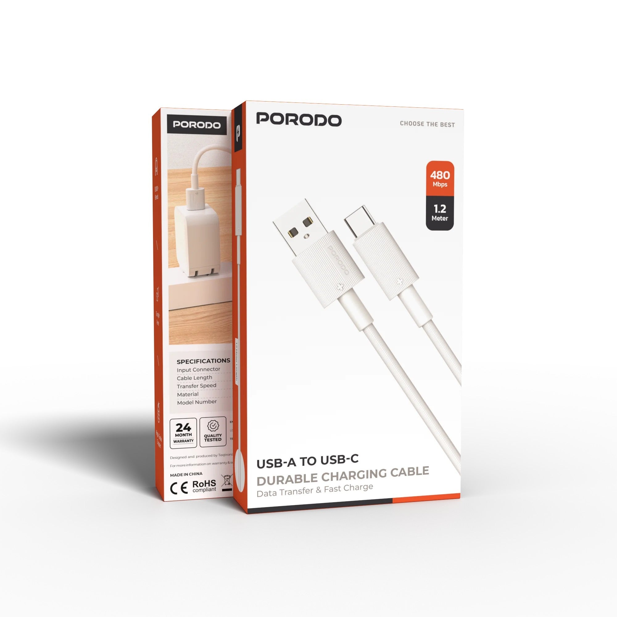 {PDCBL0001WH} Porodo USB A to C PVC Cable 1.2m - White