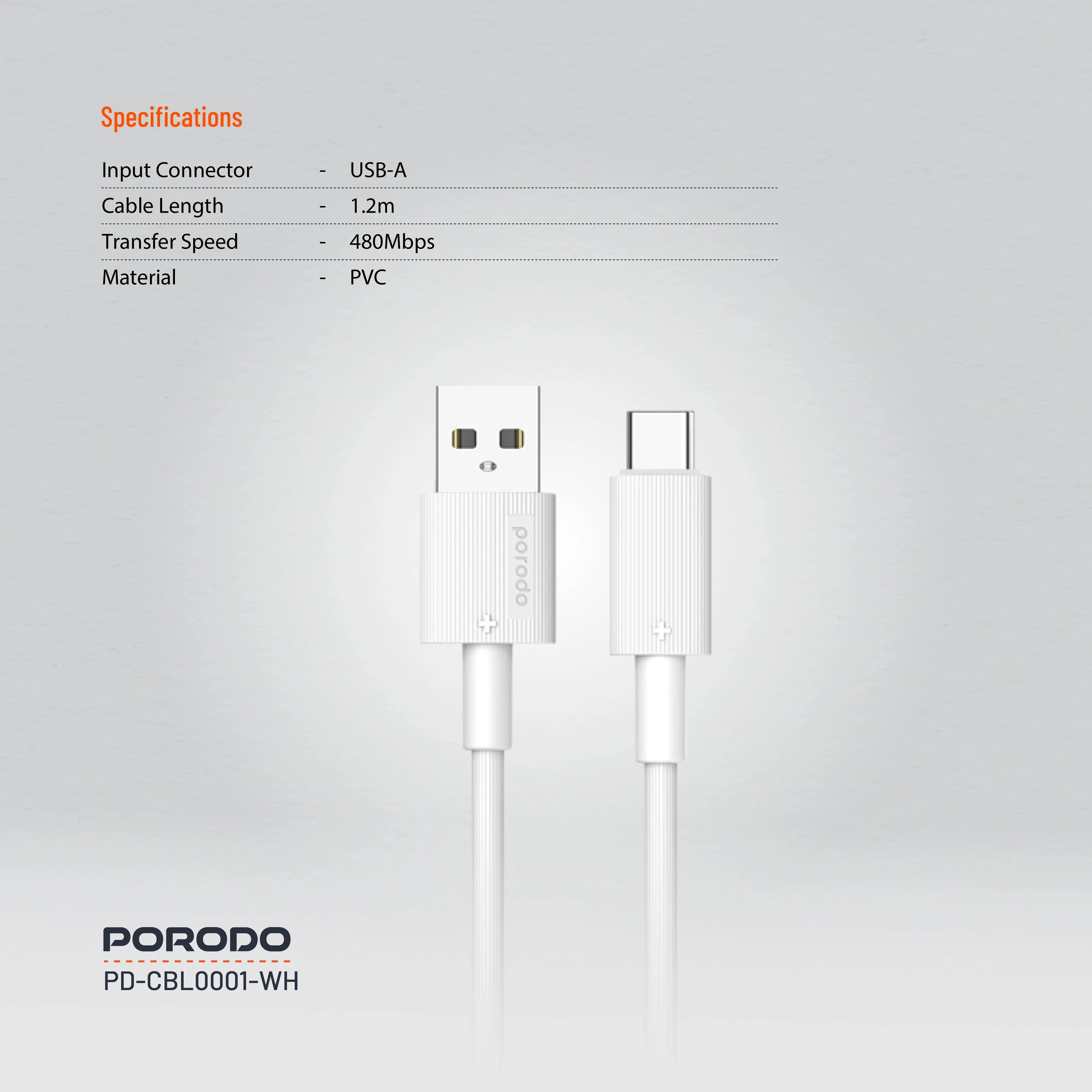 {PDCBL0001WH} Porodo USB A to C PVC Cable 1.2m - White