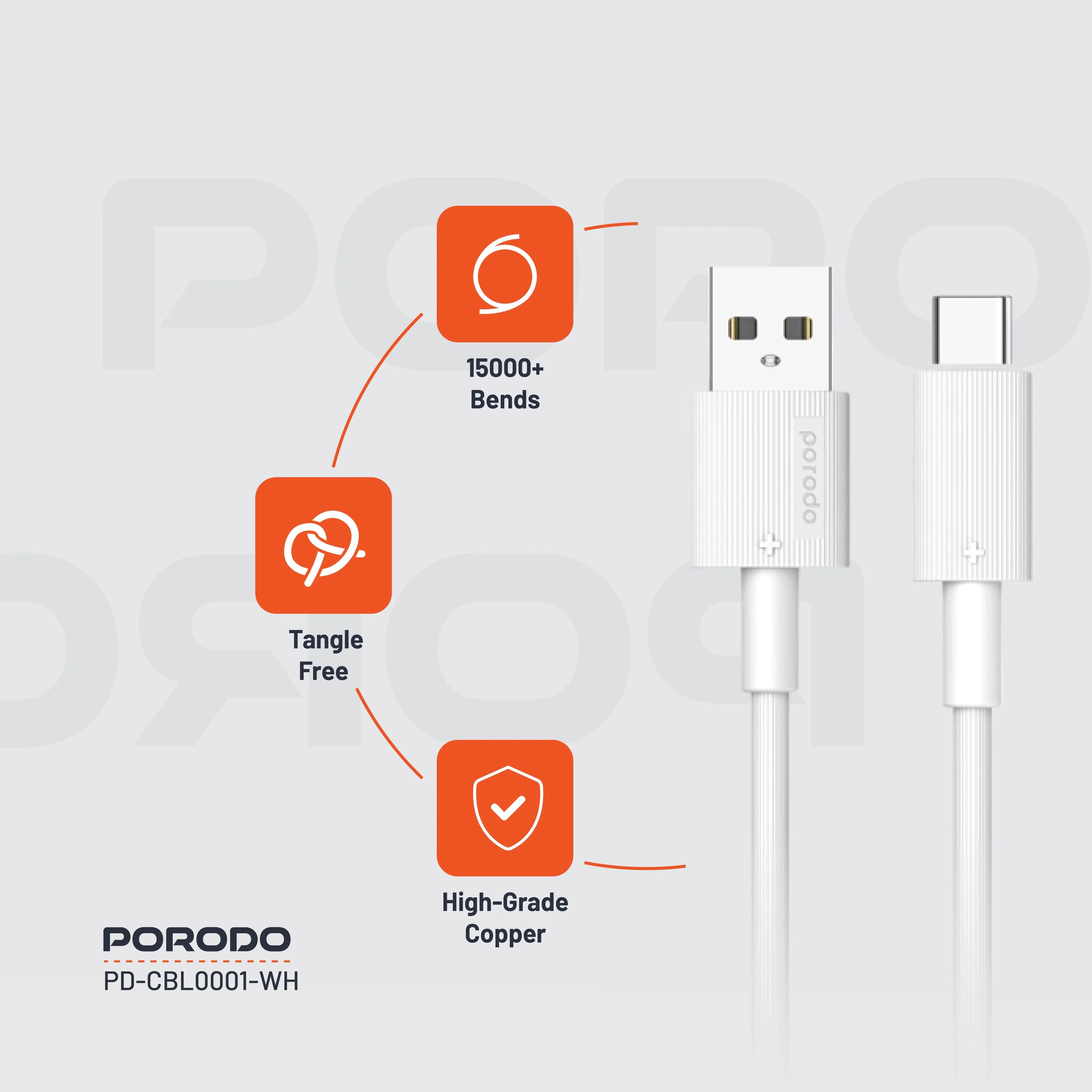 {PDCBL0001WH} Porodo USB A to C PVC Cable 1.2m - White
