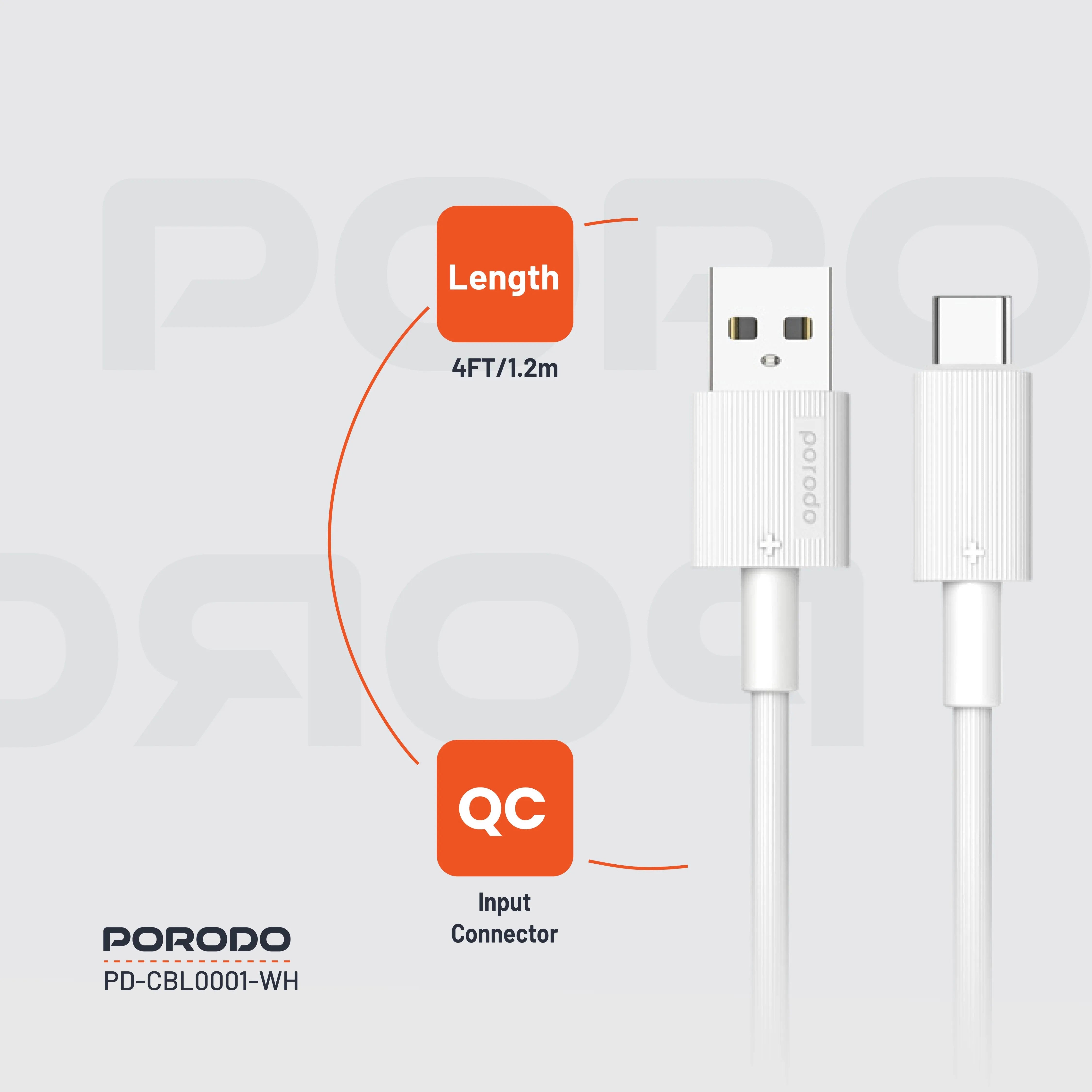 {PDCBL0001WH} Porodo USB A to C PVC Cable 1.2m - White