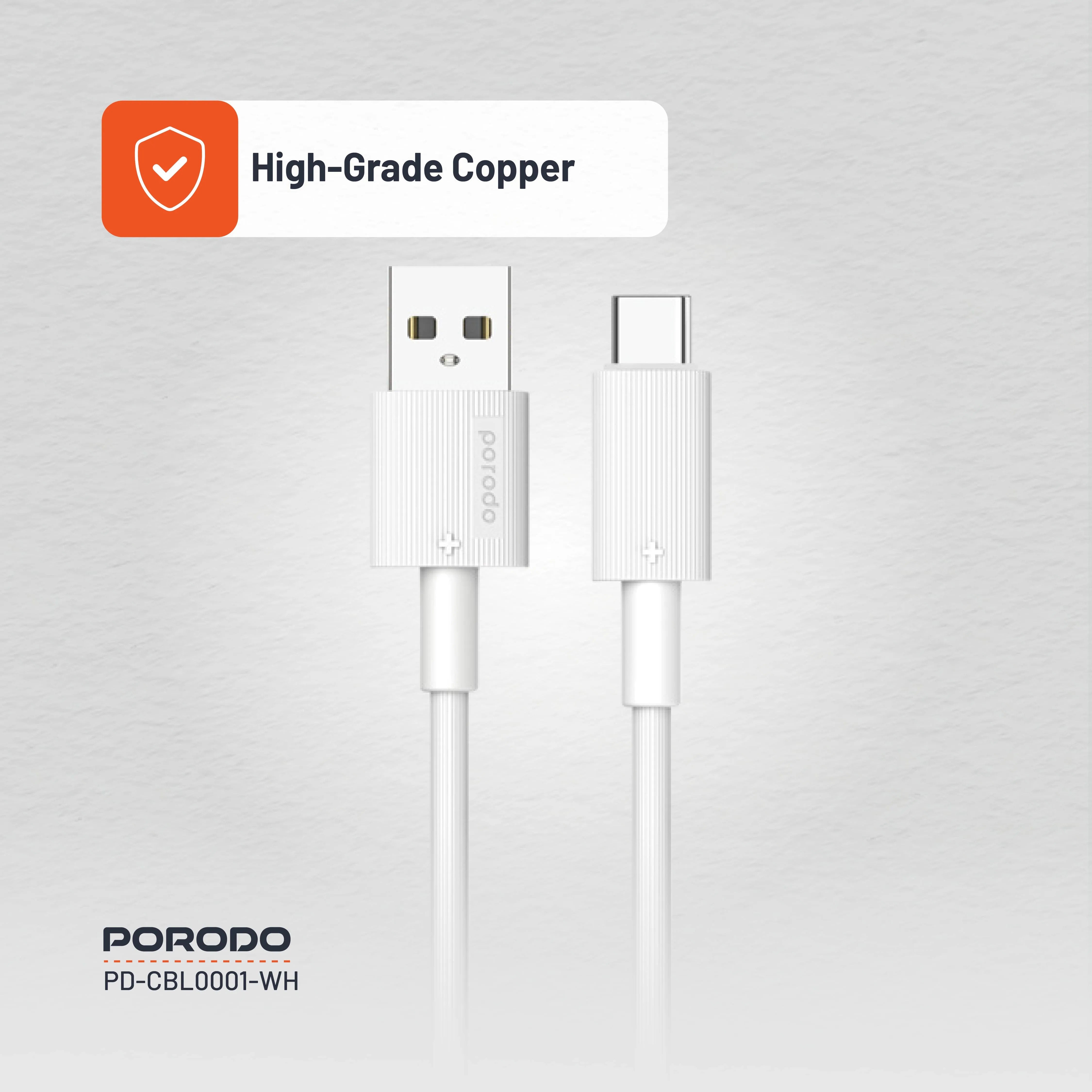 {PDCBL0001WH} Porodo USB A to C PVC Cable 1.2m - White