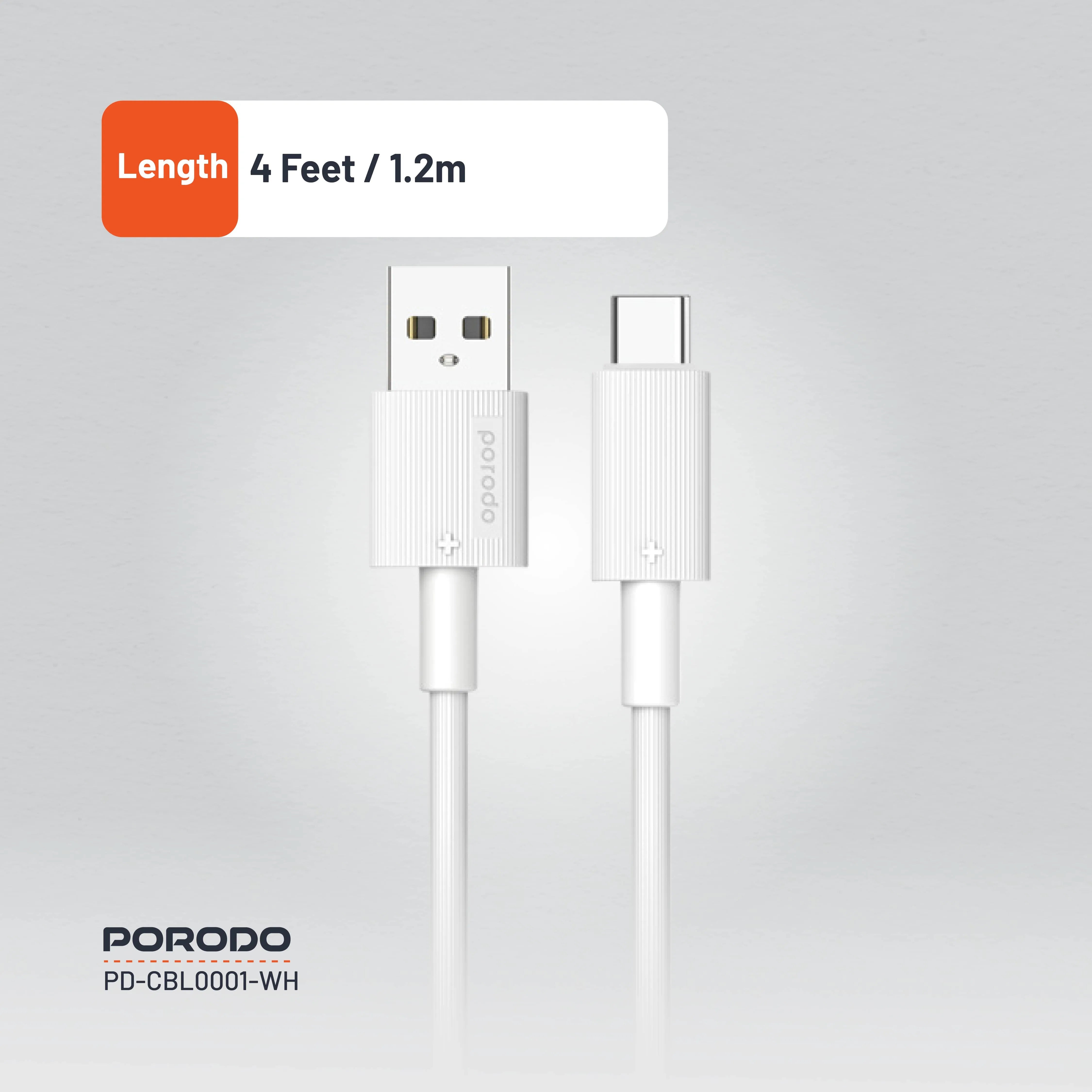 {PDCBL0001WH} Porodo USB A to C PVC Cable 1.2m - White