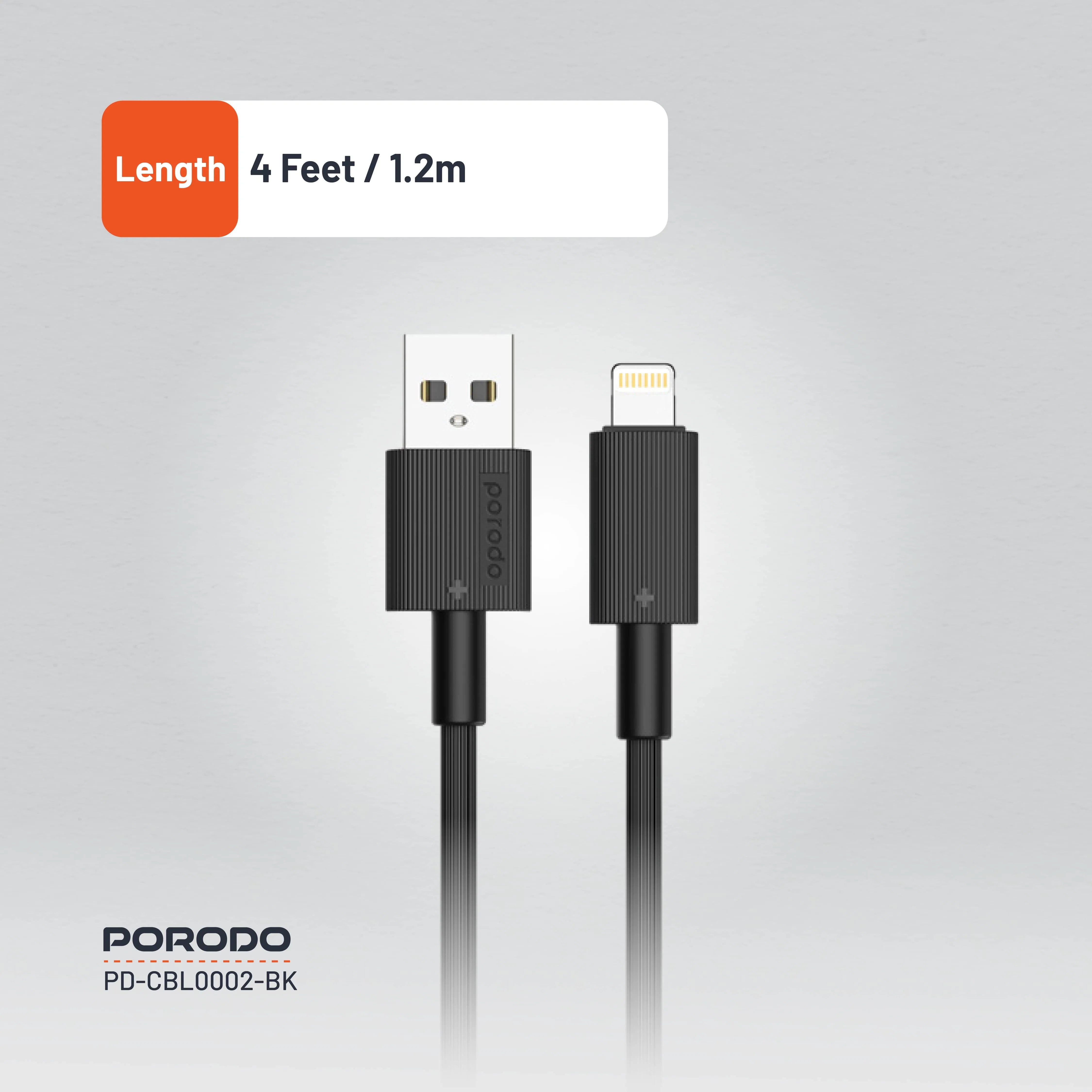 {PDCBL0002BK} Porodo USB A to Lightning PVC Cable 1.2m - Black