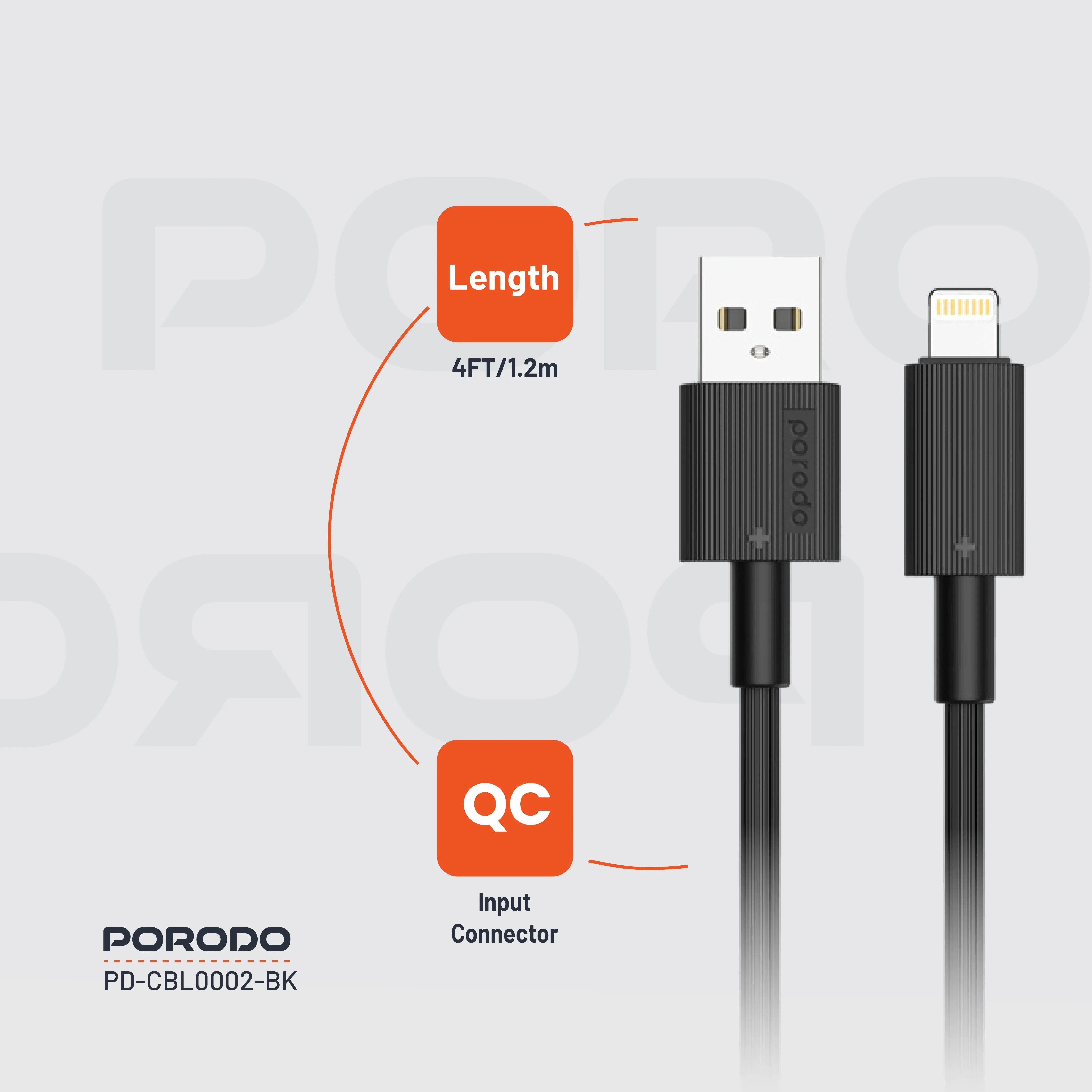 {PDCBL0002BK} Porodo USB A to Lightning PVC Cable 1.2m - Black