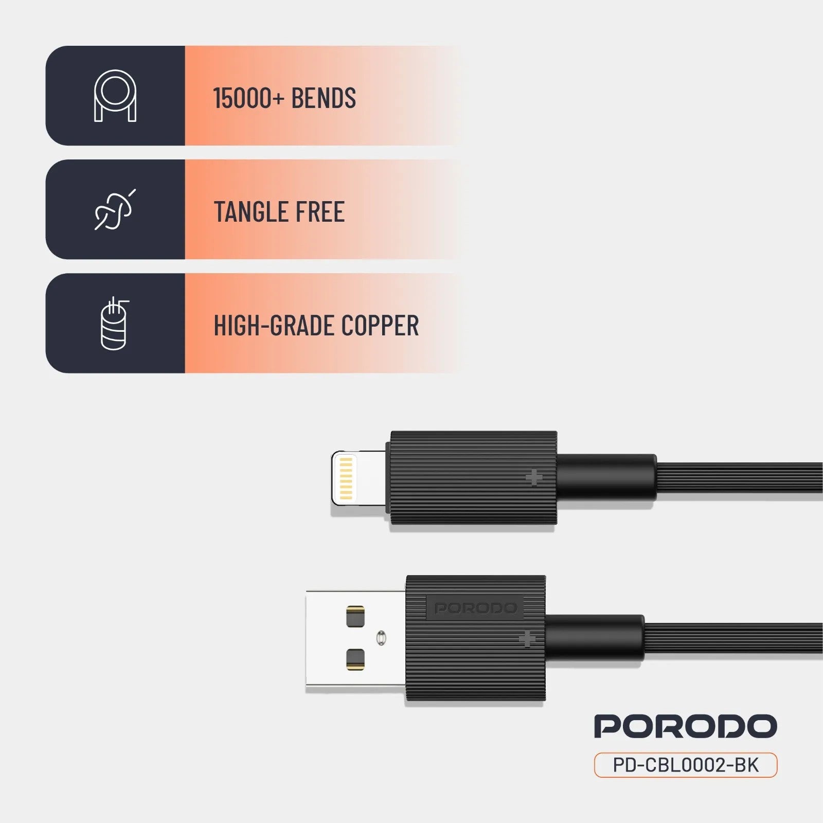{PDCBL0002BK} Porodo USB A to Lightning PVC Cable 1.2m - Black