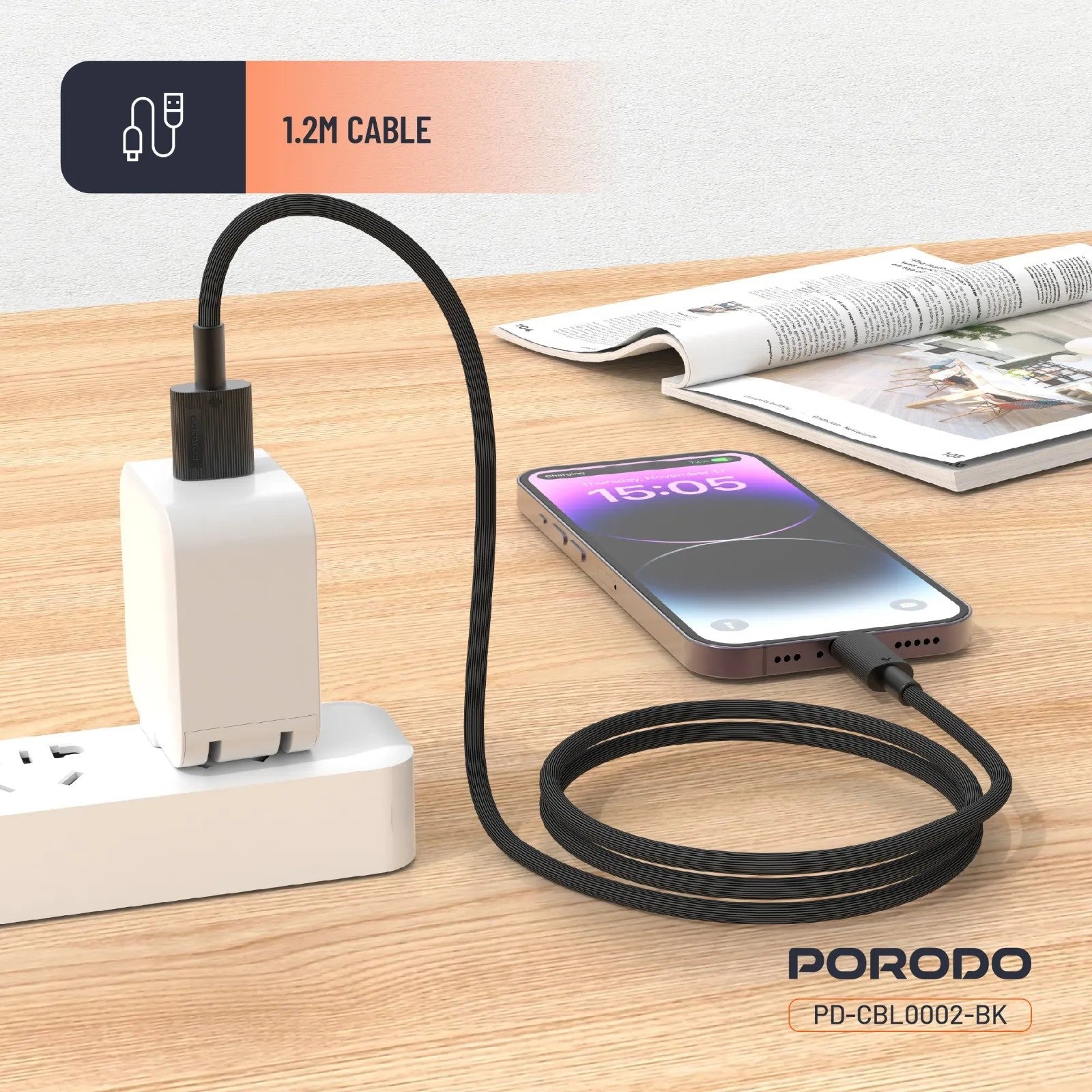{PDCBL0002BK} Porodo USB A to Lightning PVC Cable 1.2m - Black