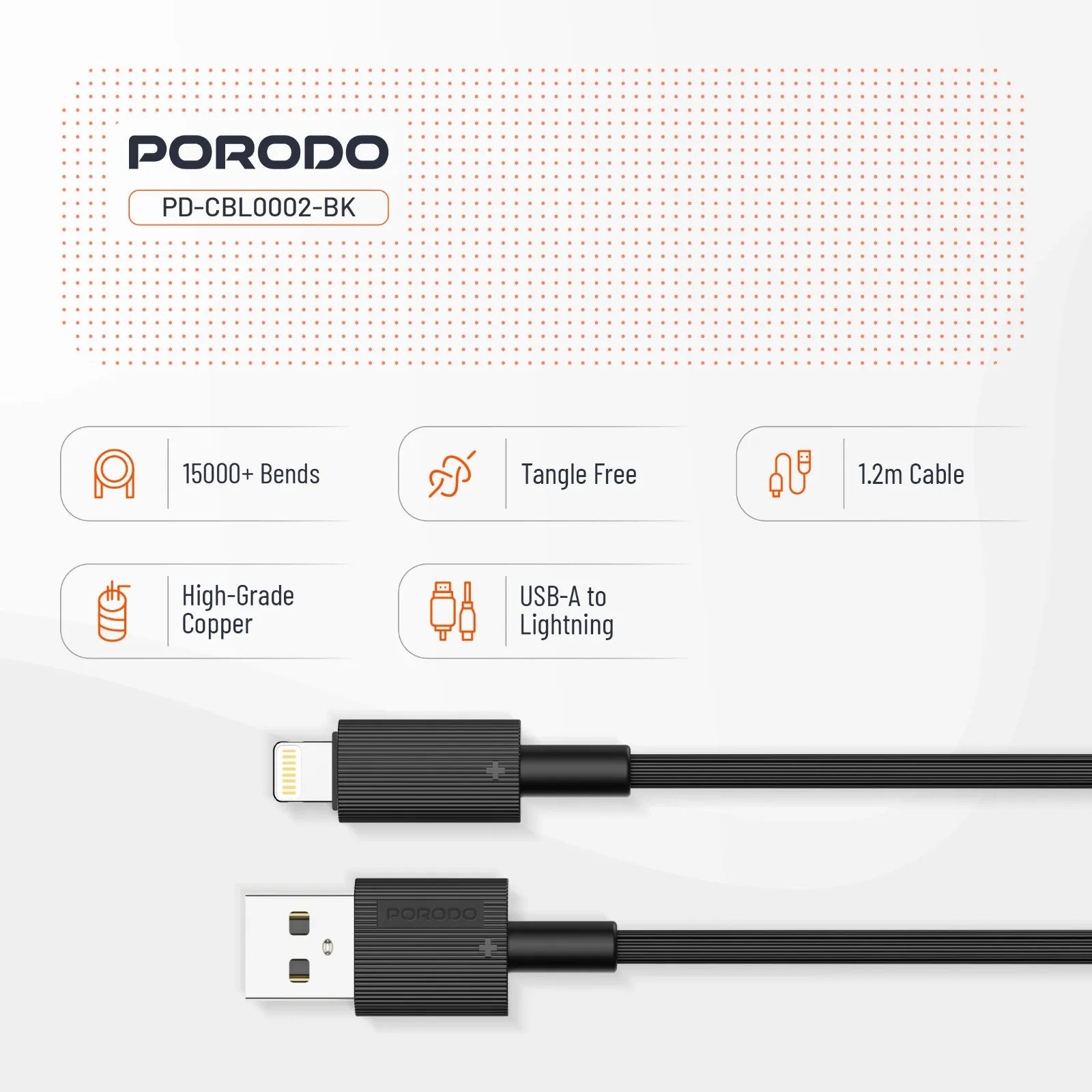 {PDCBL0002BK} Porodo USB A to Lightning PVC Cable 1.2m - Black