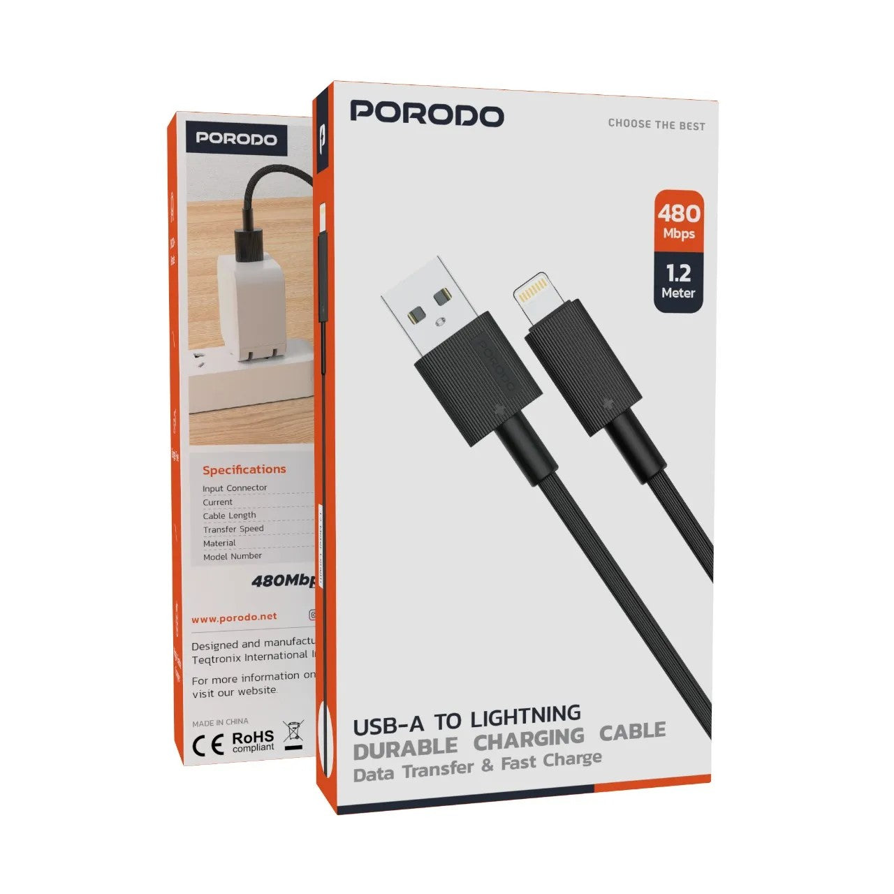 {PDCBL0002BK} Porodo USB A to Lightning PVC Cable 1.2m - Black