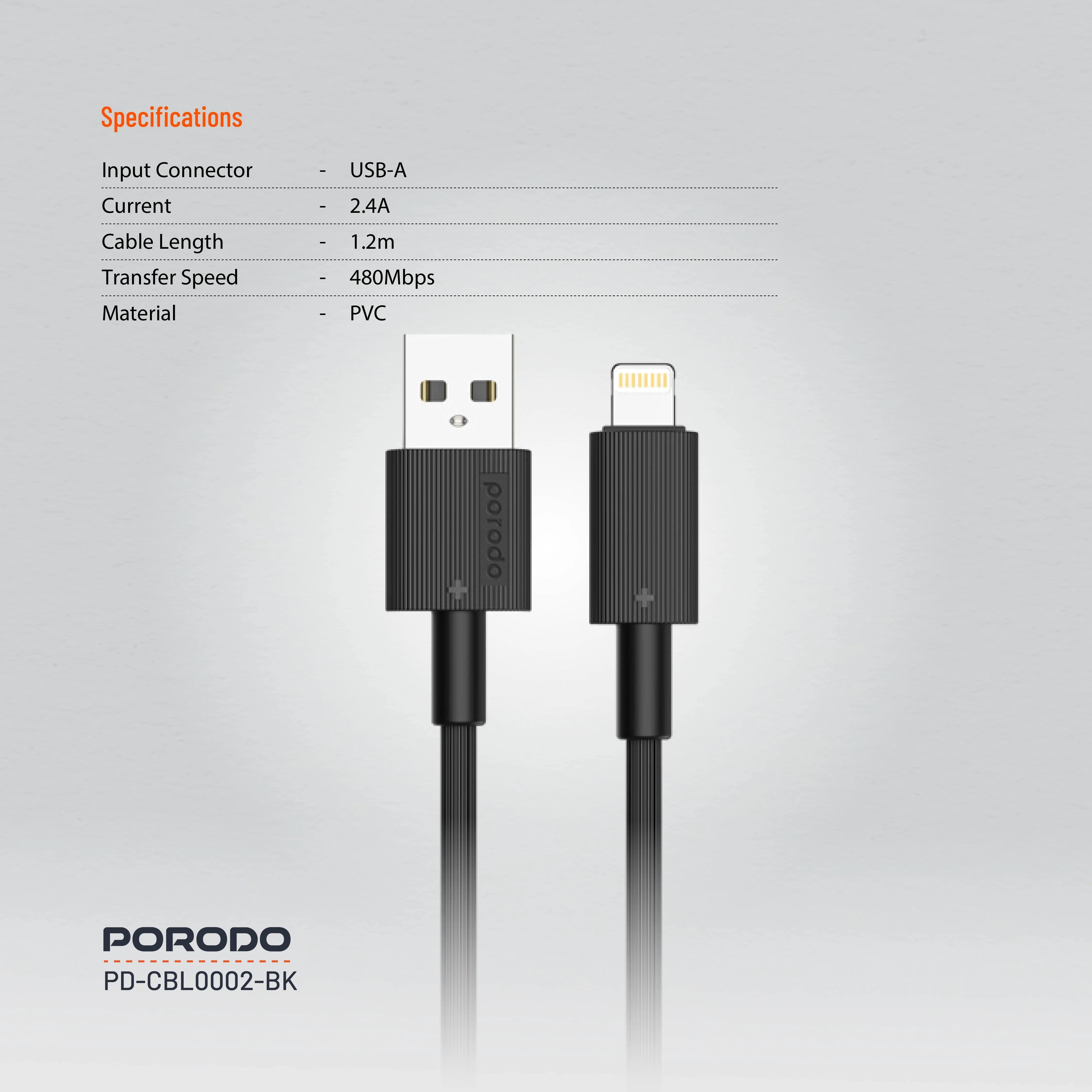 {PDCBL0002BK} Porodo USB A to Lightning PVC Cable 1.2m - Black