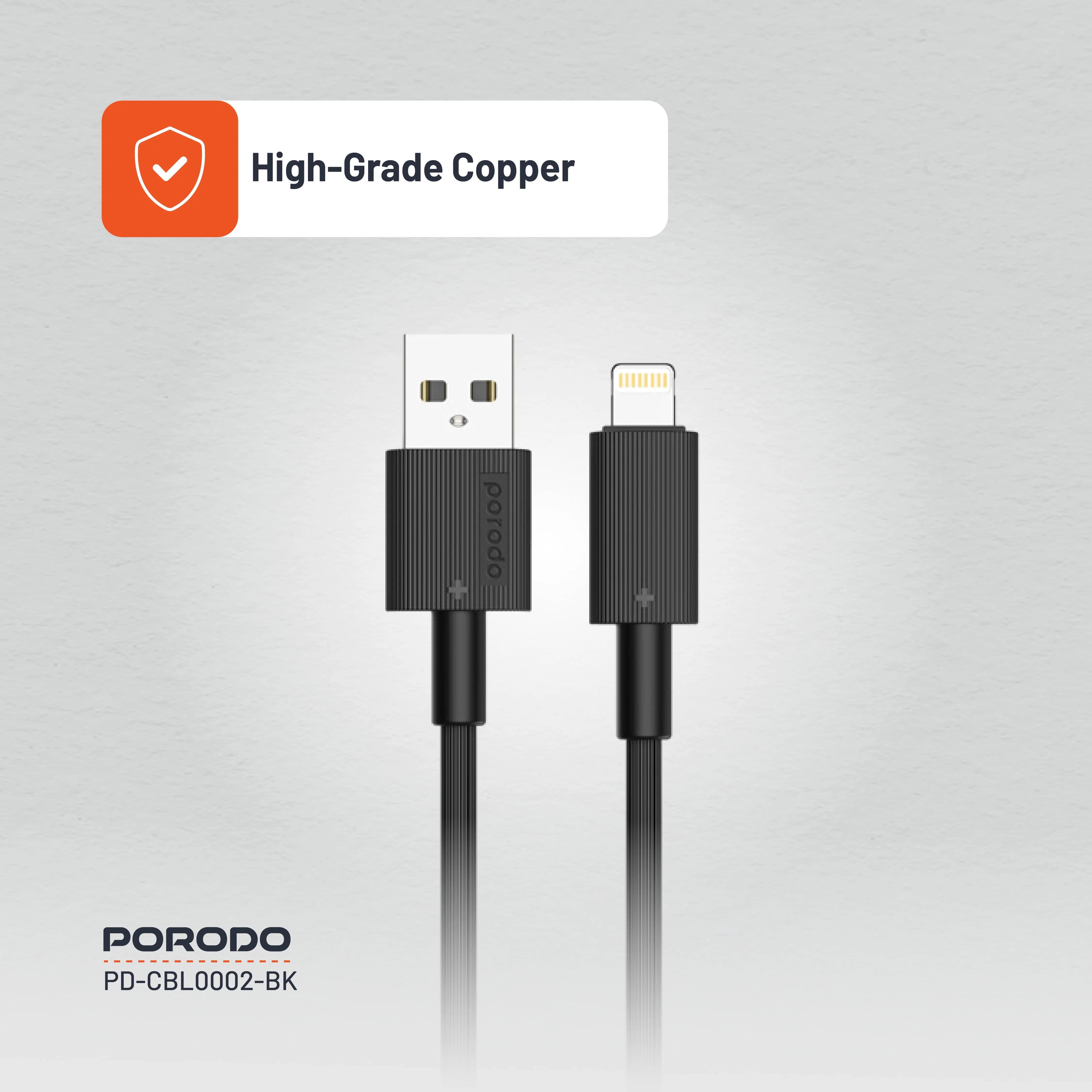 {PDCBL0002BK} Porodo USB A to Lightning PVC Cable 1.2m - Black