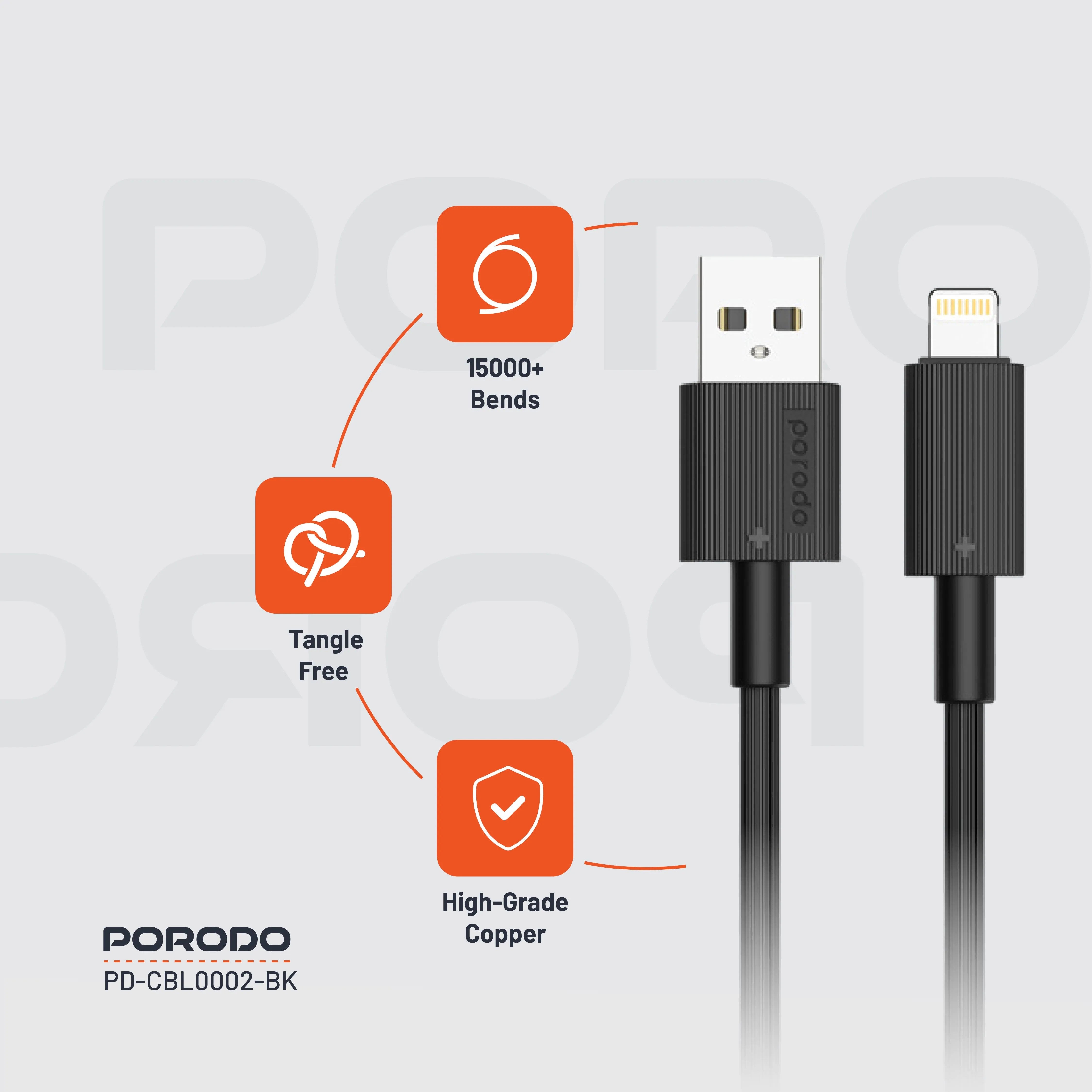 {PDCBL0002BK} Porodo USB A to Lightning PVC Cable 1.2m - Black