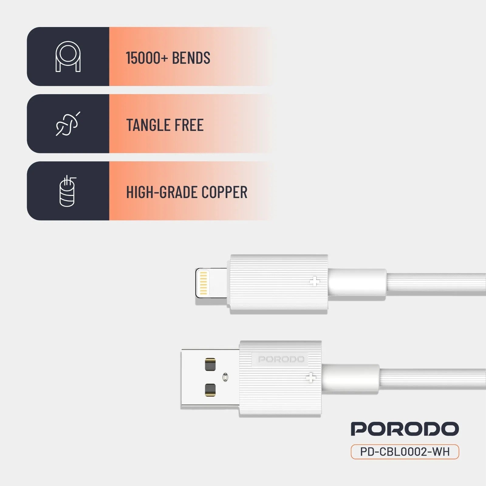 {PDCBL0002WH} Porodo USB A to Lightning PVC Cable 1.2m - White