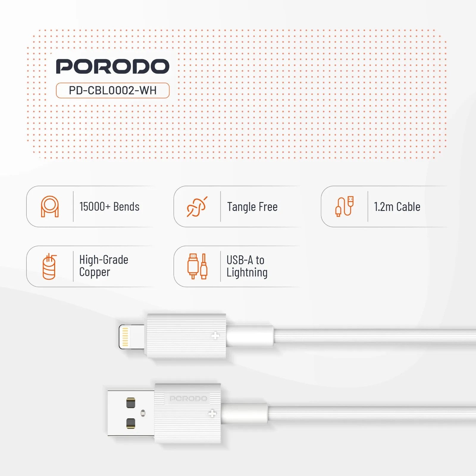 {PDCBL0002WH} Porodo USB A to Lightning PVC Cable 1.2m - White