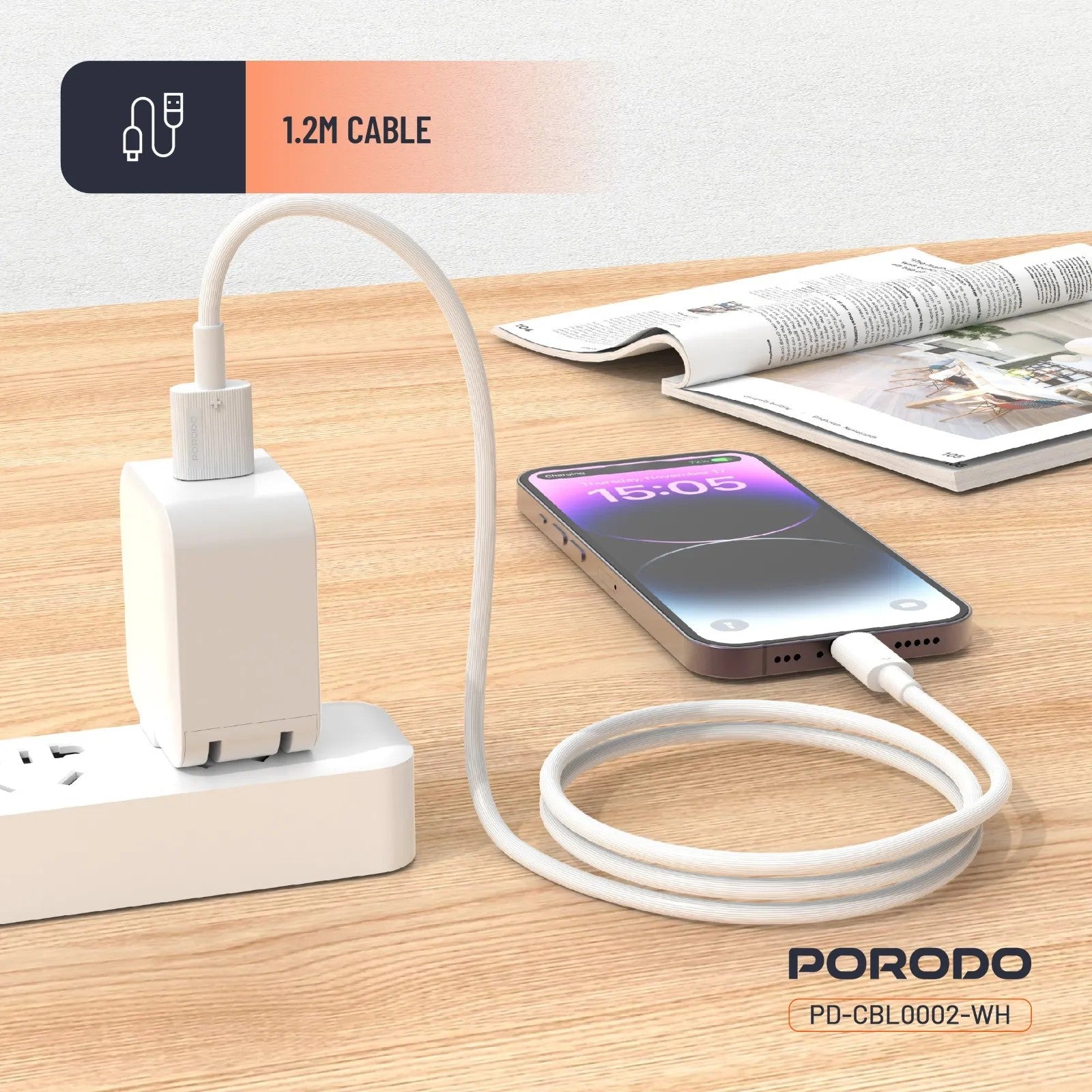 {PDCBL0002WH} Porodo USB A to Lightning PVC Cable 1.2m - White